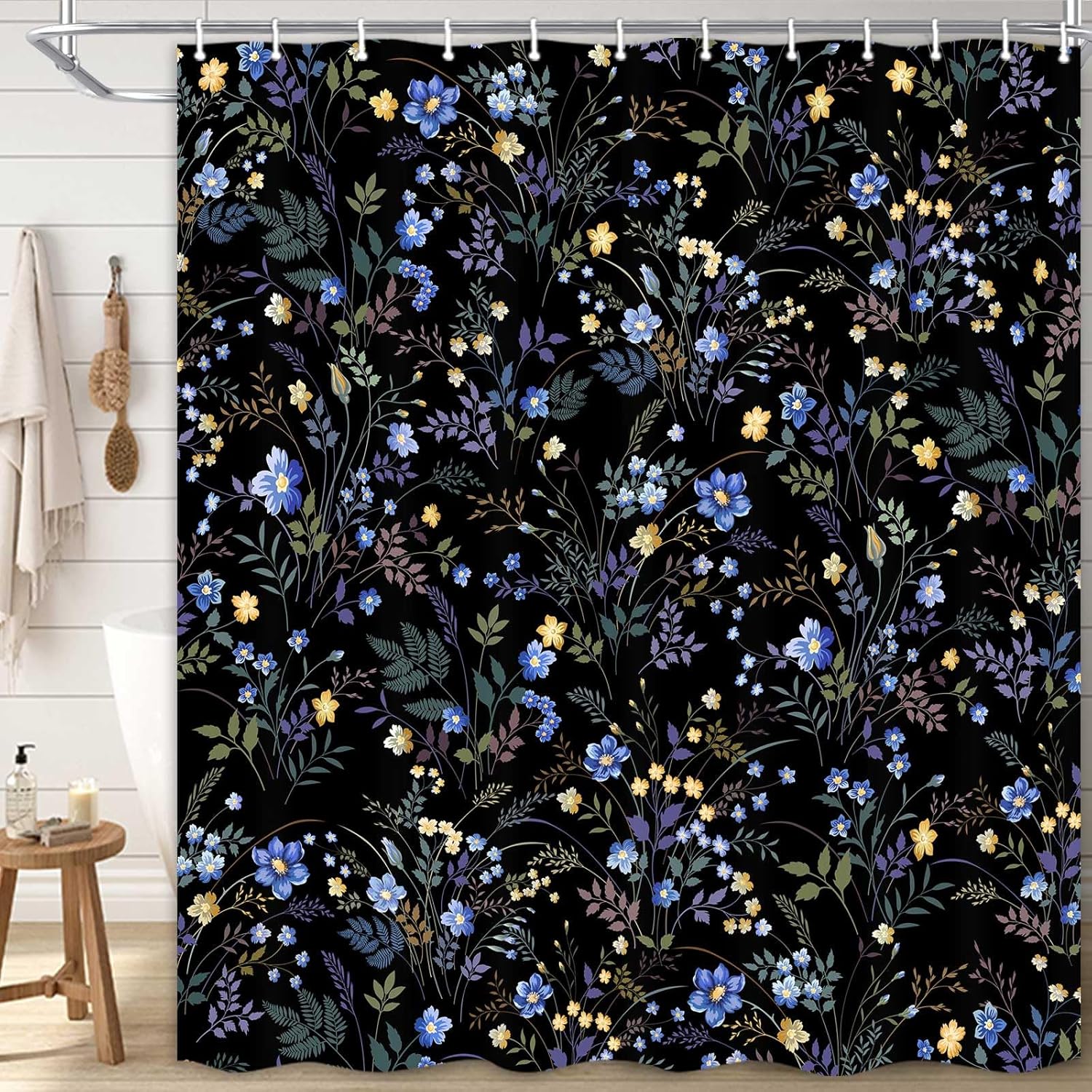 Boho Shower Curtain for Bathroom, Cute Floral Waterproof Fabric Black Shower Curtain, Rustic Country Flower Elegant Home Decor Set with Hooks 72x78 Inches