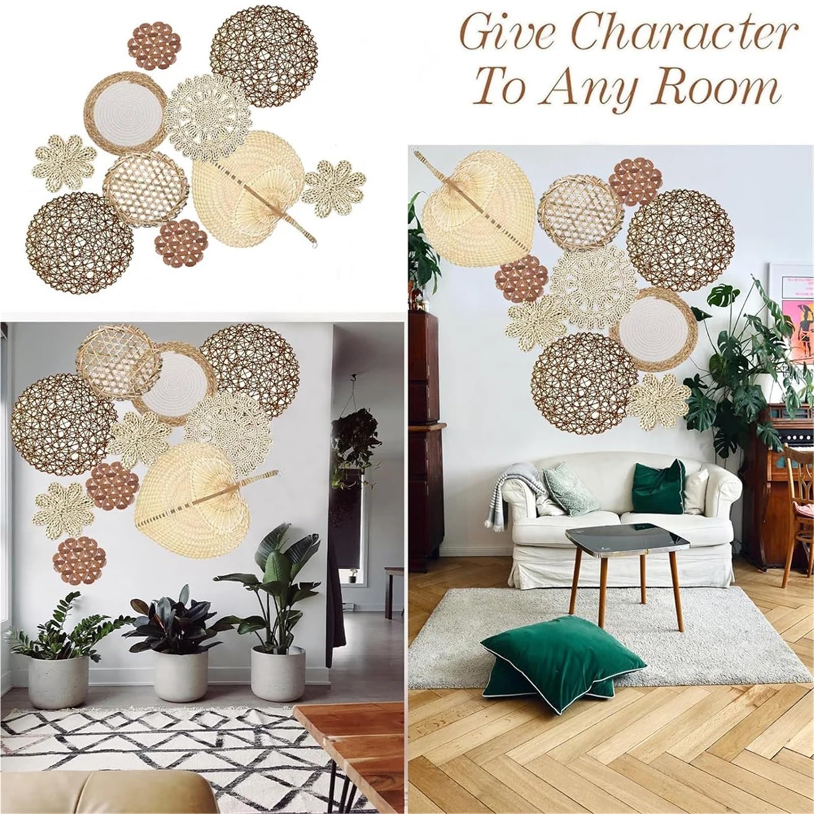 Cesta Mural de ratán Cesta de decoración de Pared Natural, decoración de Pared Redonda de ratán Hecha a Mano, decoración Colgante de Pared de Granja for Dormitorio y Sala de Estar, 10 Uds.