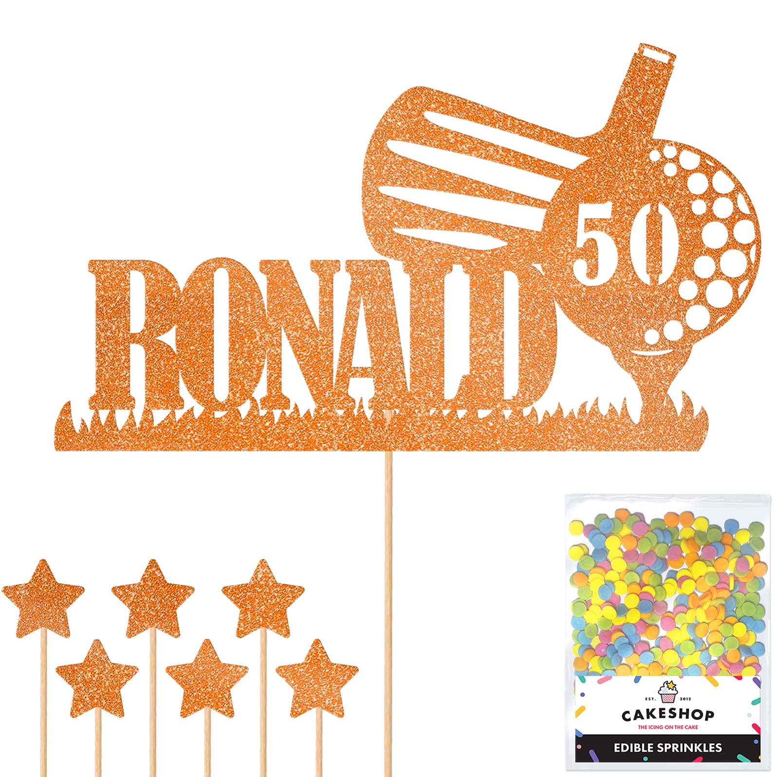 Personalised Golf Golfer Glitter Cake Topper - Copper Orange Custom Age & Name Glitter Cake Decoration and Sprinkles - Happy Birthday Decorations - Personalised Toppers for Cakes by Cakeshop โ image 1