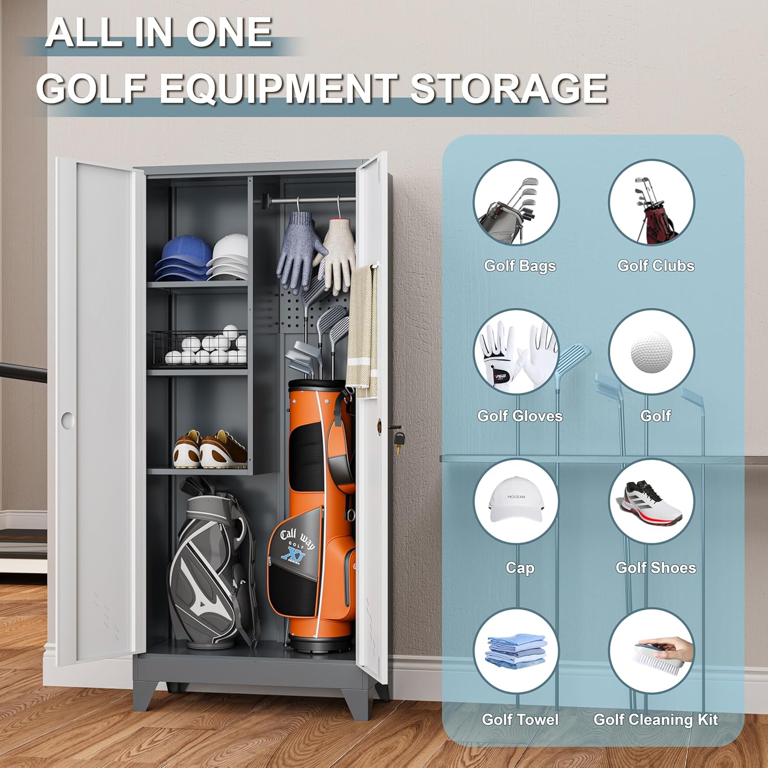 Metal Golf Bag Storage Cabinet, Golf Storage Organizer for Garage, Golf Bag Stand Rack with Locking Doors, Golf Club Organizer for Bag, Shoes, Golfing Accessories, Sports Equipment