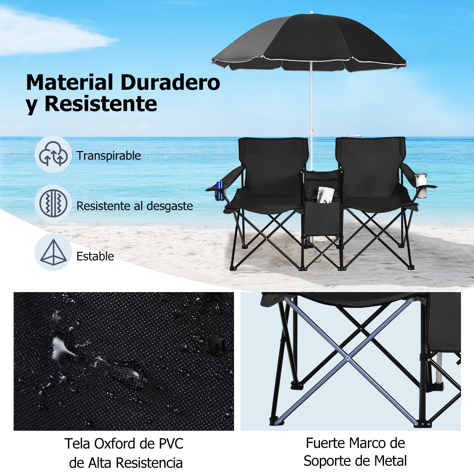 GIANTEX Juego de 2 Sillas de Camping Plegables con Sombrilla, Sillas de Pesca para 2 Plazas con Portavasos y Bolsa Nevera, para 2 Personas, con Bolsa de Transporte (Negro)