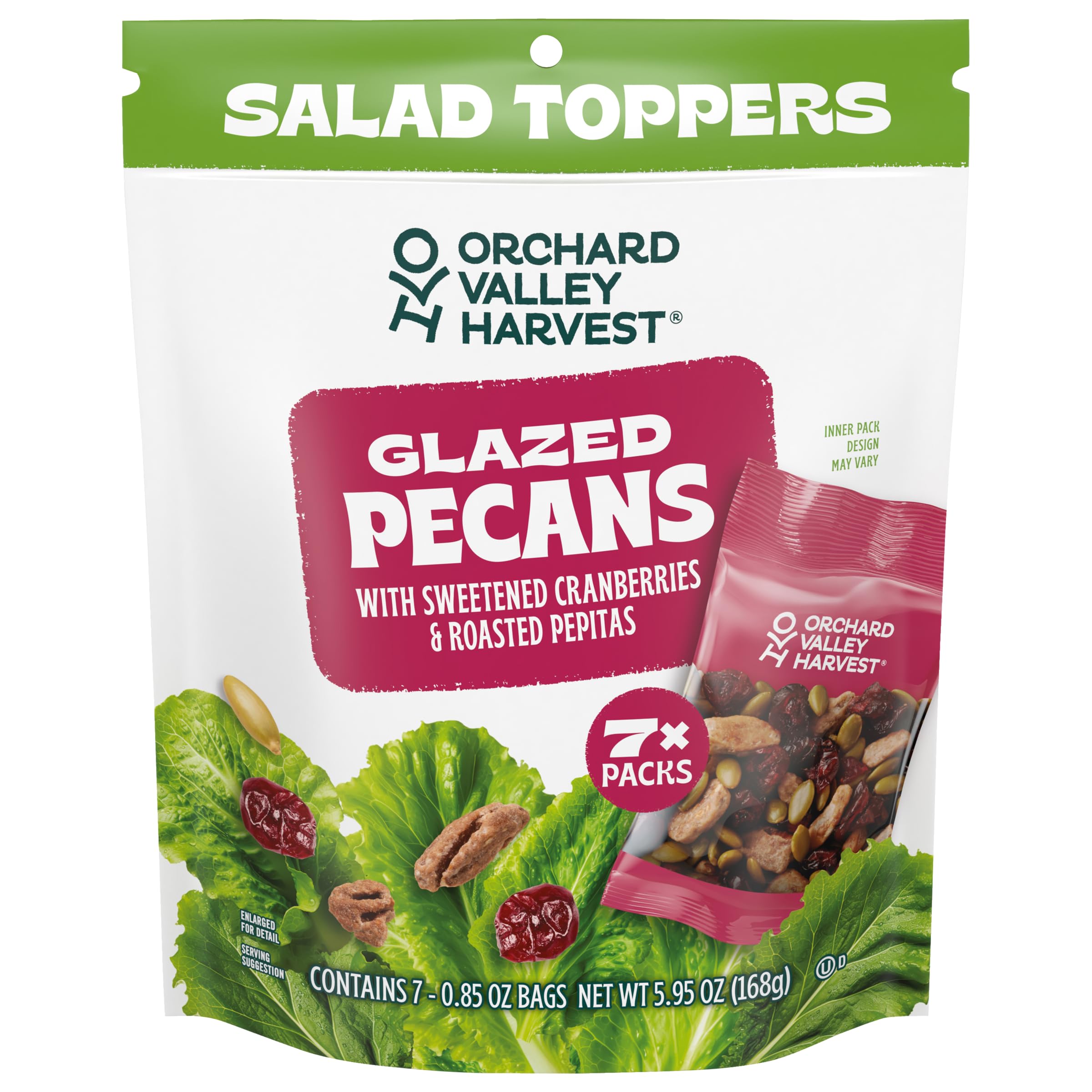 Orchard Valley Harvest Salad Toppers Glazed Pecans with Sweetened Cranberries & Roasted Pepitas, 0.85 oz (Pack of 7) Resealable Bag, Gluten Free, Non-GMO, No artificial colors or preservatives, Healthy Snacks for Adults Glazed Pecans & Cranberries 0.85 Ounce (Pack of 7)