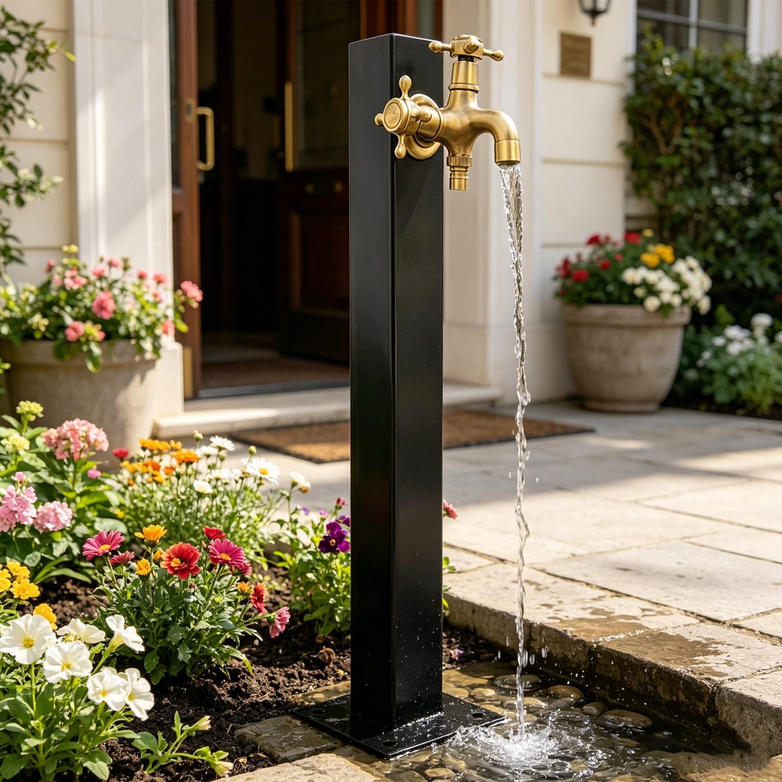 Gaommini Square A Outdoor Water Feature Post Freeze Proof Garden Water Column With Brass Faucet - 304 Stainless Steel Freestanding Yard Hydrant Dispenser For Irrigation Washing(,Height: 60Cm/23.6In)