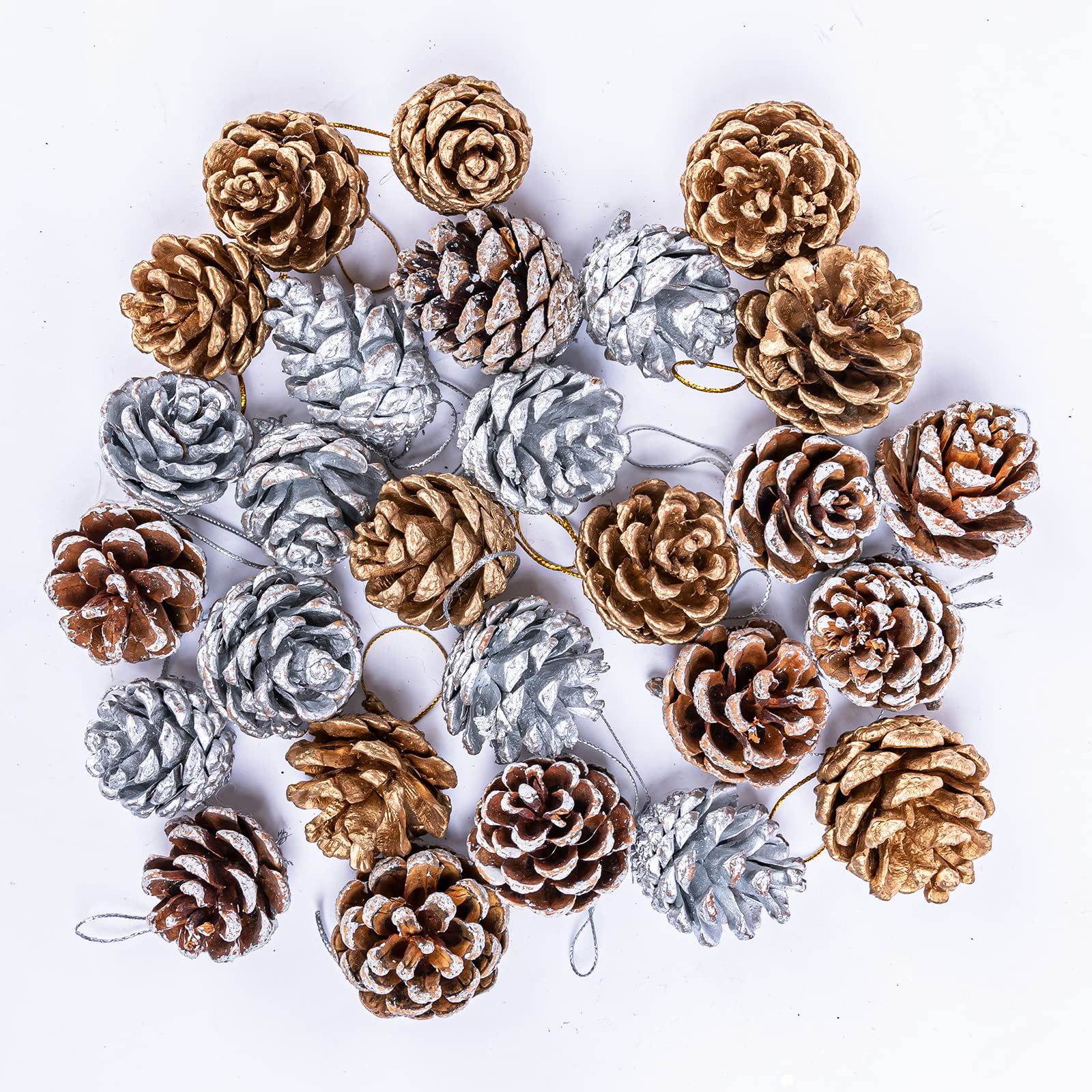 27 Pcs Pine Cones Christmas Decorations, Silver/Gold/White 3 Colors of Pine Cones, Natural Pinecones with String Pendant Crafts for Garland Xmas Tree Baubles Wreath Gift Tag Hanging Ornaments