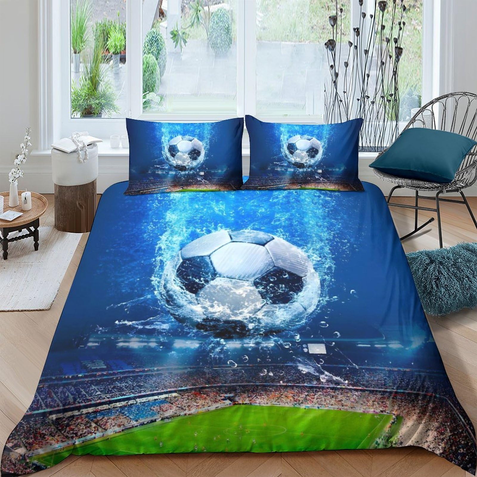 Ctjqhvkz Style-10 3D Printed Soccer Stadium Fitted Sheet Microfiber Soft Blue Football Bed Cover For Bedroom Guest Room Decor Easy Care Single（135X200cm）