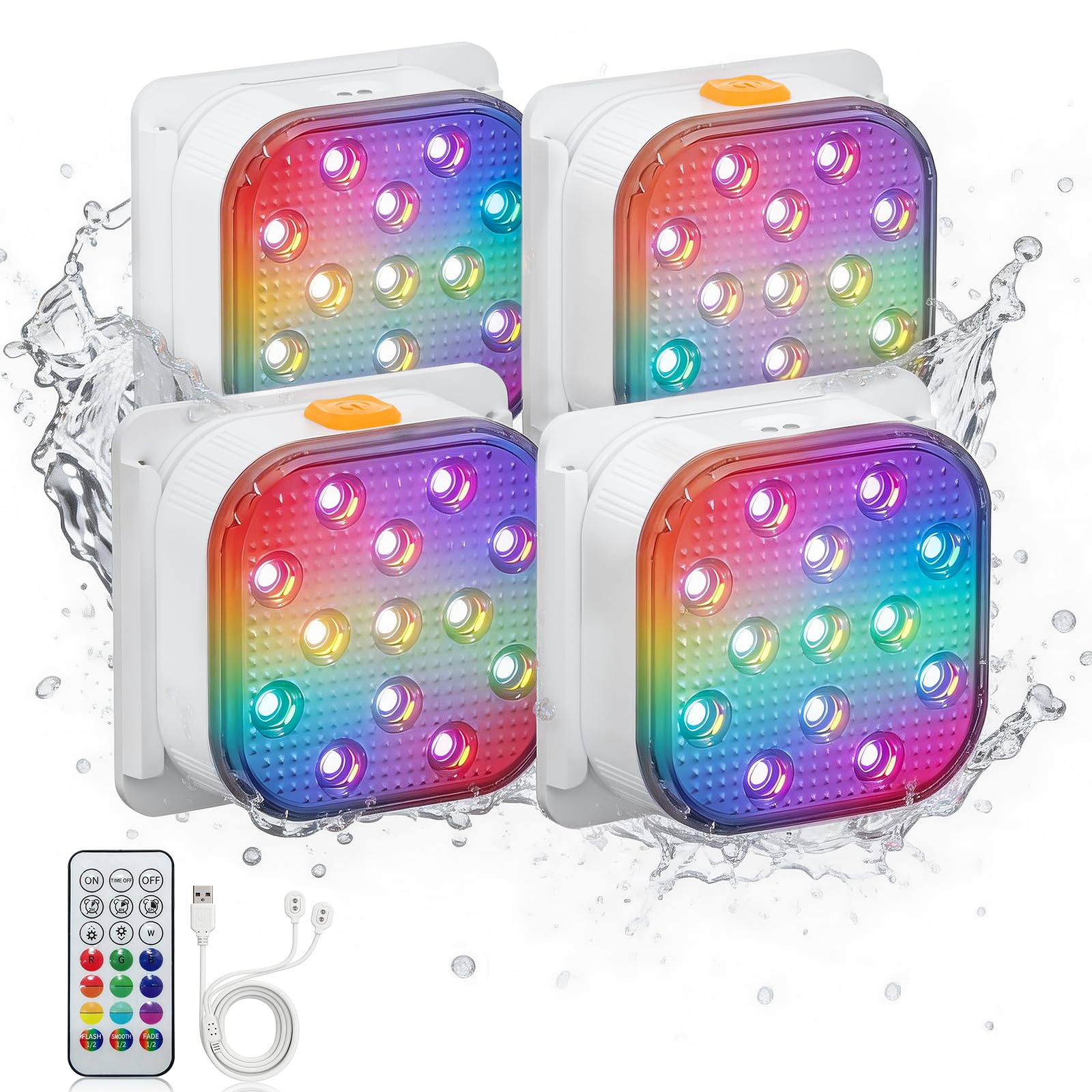 SoulBay Rechargeable Submersible Pool Lights Underwater, 4 Pack IP68 Waterproof LED Hot Tub Lights with Remote, Magnetic USB-C Charging, 13 LEDs 16 Colours RGB Pond Lights for Swimming Pool, Spa, Bath