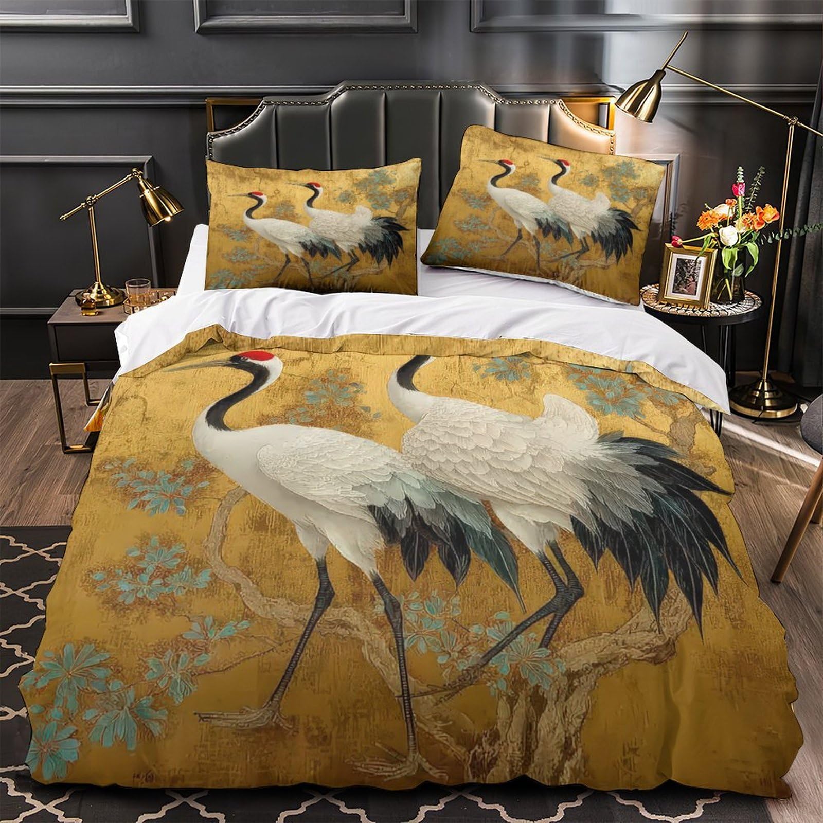 Housse de couette grues élégantes 3D en microfibre 200x200 cm avec 2 taies