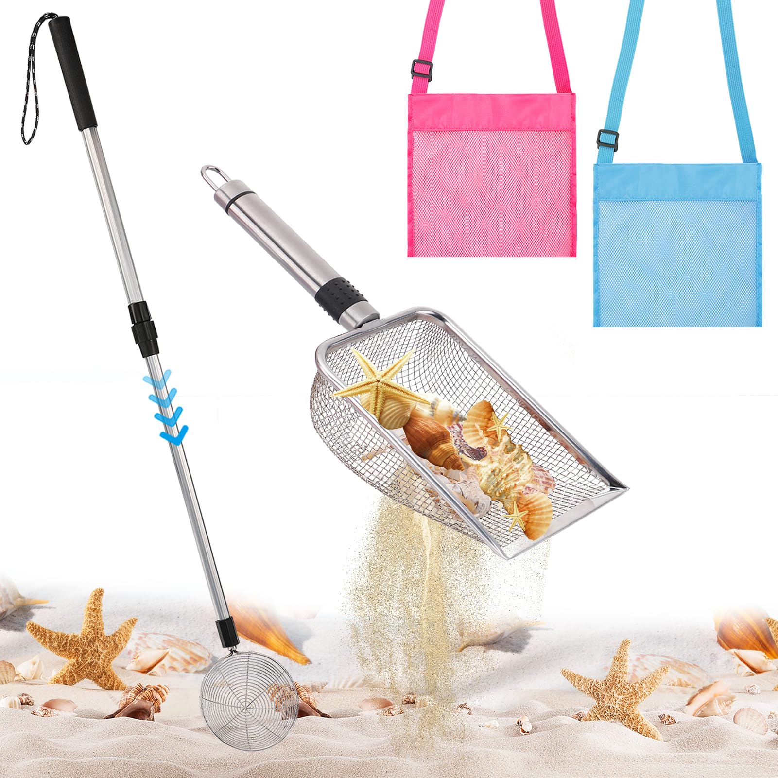 2-Piece Beach Sand Sifter Set - Adjustable Shark Teeth & Shell Sifter With Scoop Shovel