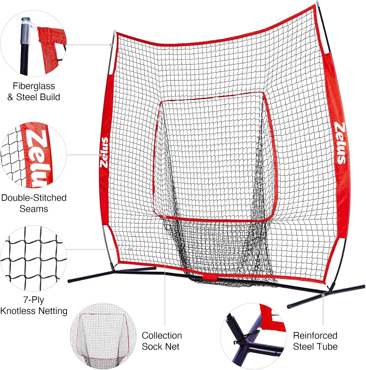 ZELUS 7x7ft Baseball Net, Baseball Softball Practice Net with Tee, Baseballs and Carry Bag for Batting Hitting and Pitching