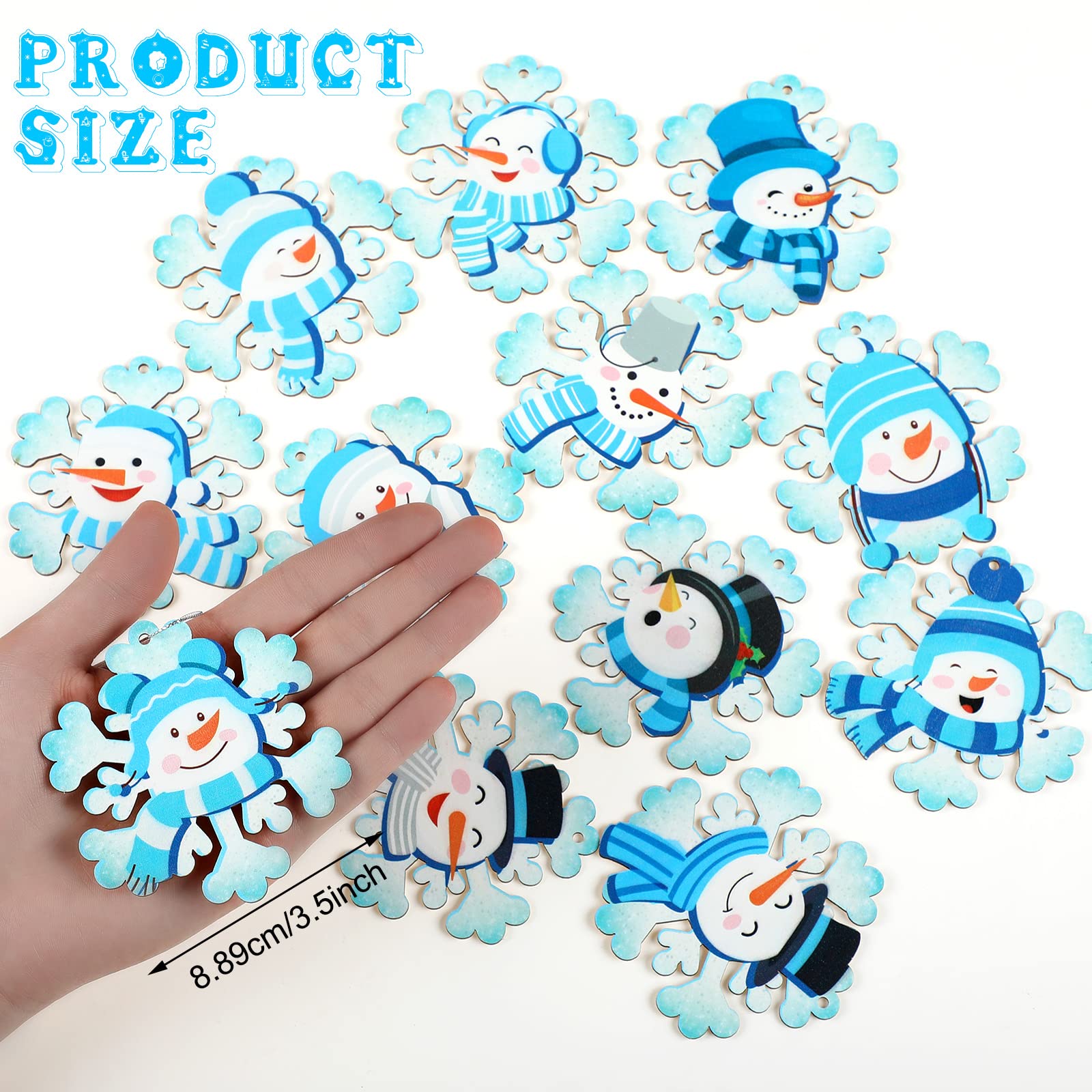 24 Stück Winter Schneeflocke Schneemann Hängende Ornamente Winter Schneemann Handwerk Holz Schneeflocke Ornamente Schneeflocke Dekorative Handwerk Baum Holzscheiben mit Seilen für Weihnachtsbaum