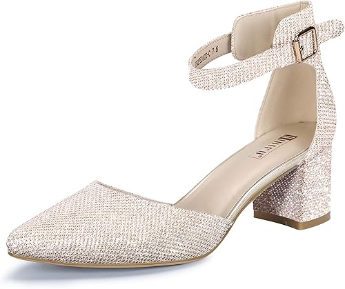 IDIFU IN2 Pedazo Zapatos de vestir para mujer, tacones de bloque bajo, cómodos, con puntera cerrada, correa de tobillo, zapatos de boda
