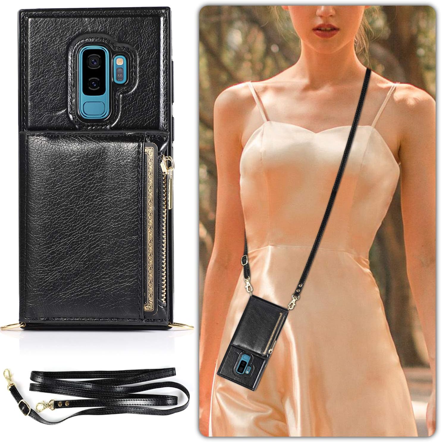 Galaxy S9+ Case,Leather Wallet Hnadbag Case with Card Slot Holder Wrist Strap Adjustable Crossbody Strap Handbag Magnetic Purse Zipper Protective for Samsung Galaxy S9+ 6.2"（Black