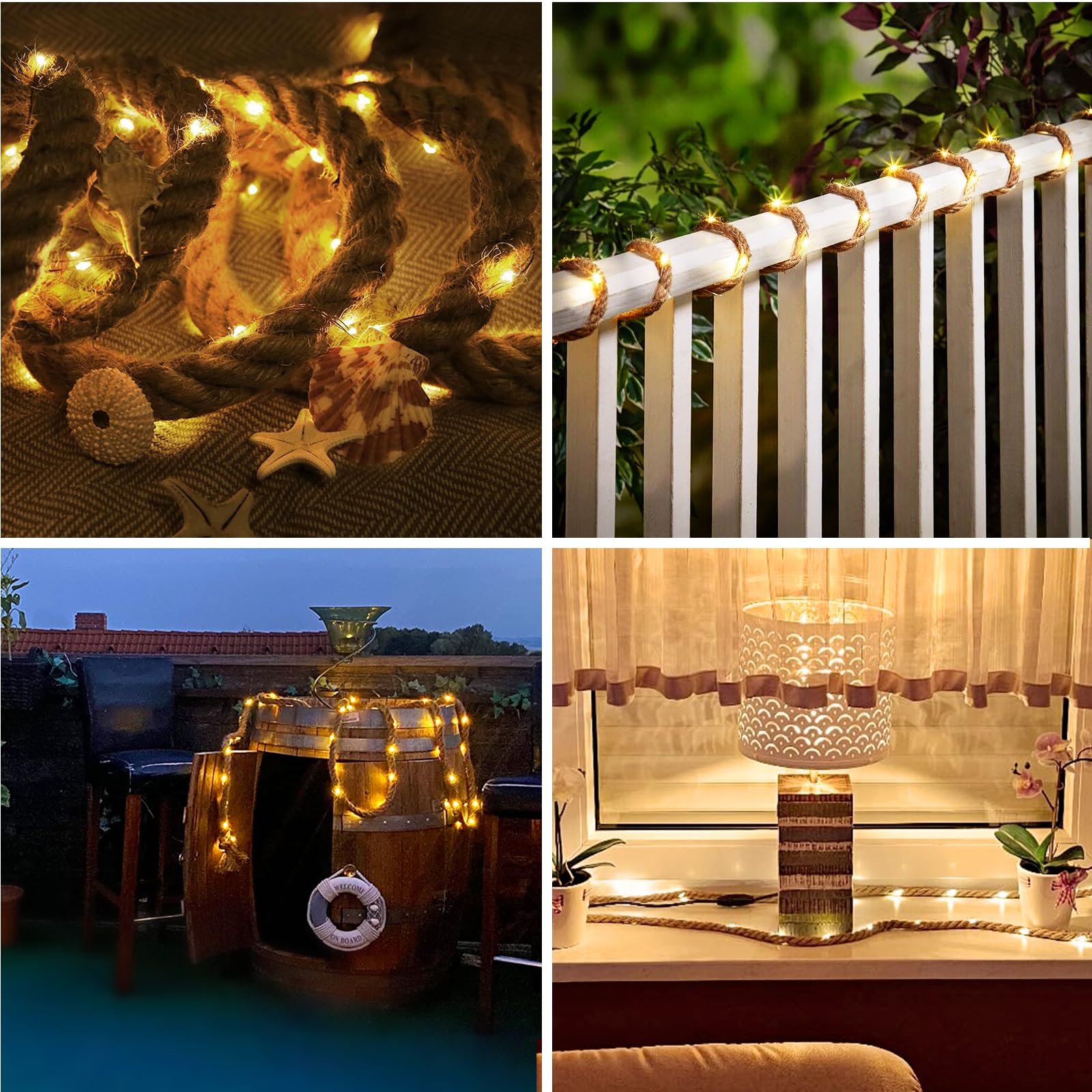 15M Solarseil Lichterkette mit 300 LEDs, Solar Hanfseil Lichterkette mit 8 Beleuchtungsmodi Wasserdicht für Gartenterrasse Balkon Schaukel Stamm Dekor