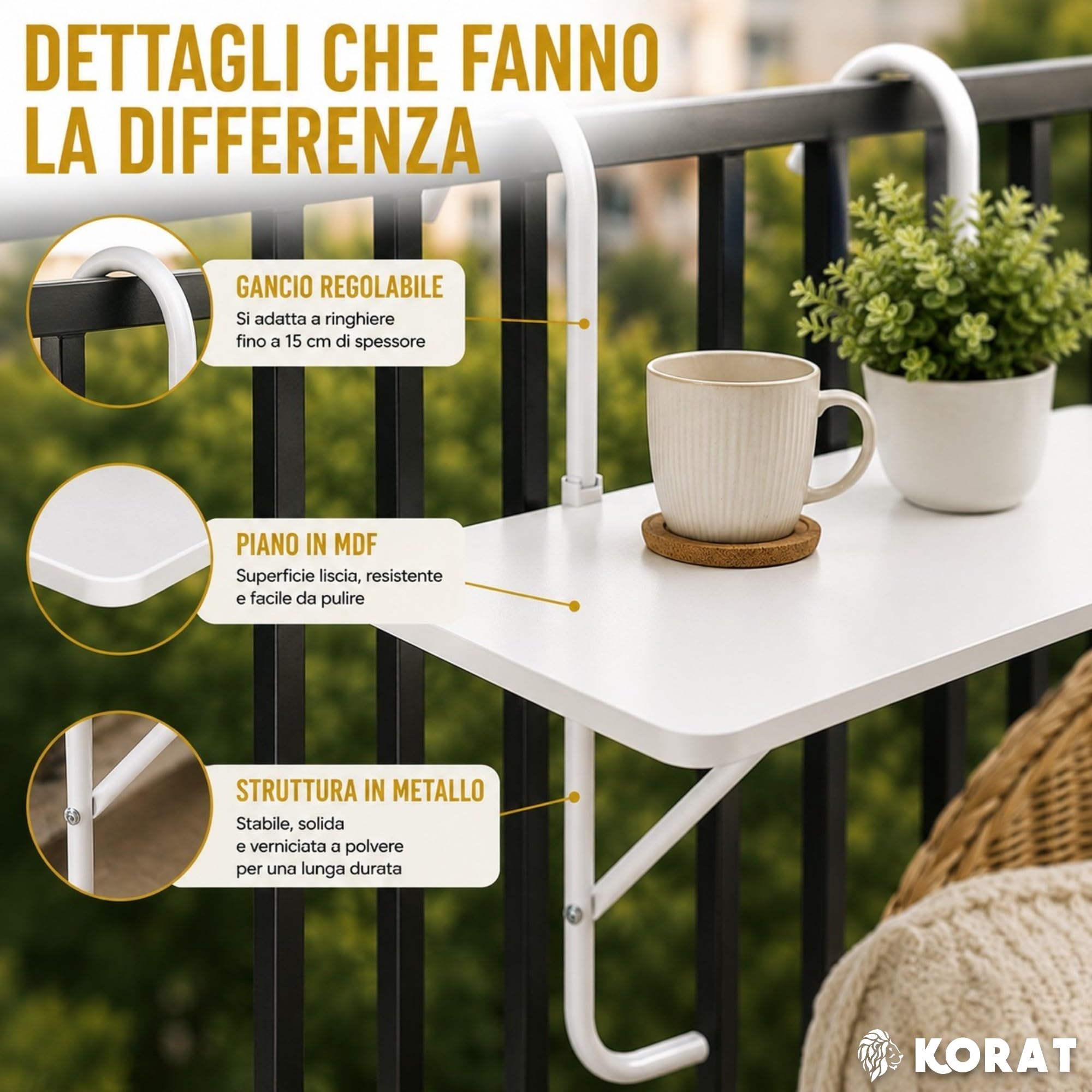 KORAT - Tavolo da Balcone Sospeso 60x40 cm, Tavolino Pieghevole da Ringhiera con Ganci Regolabili fino a 15 cm, Portata 15 kg, Tavolo Salvaspazio per Balcone, Terrazzo e Giardino