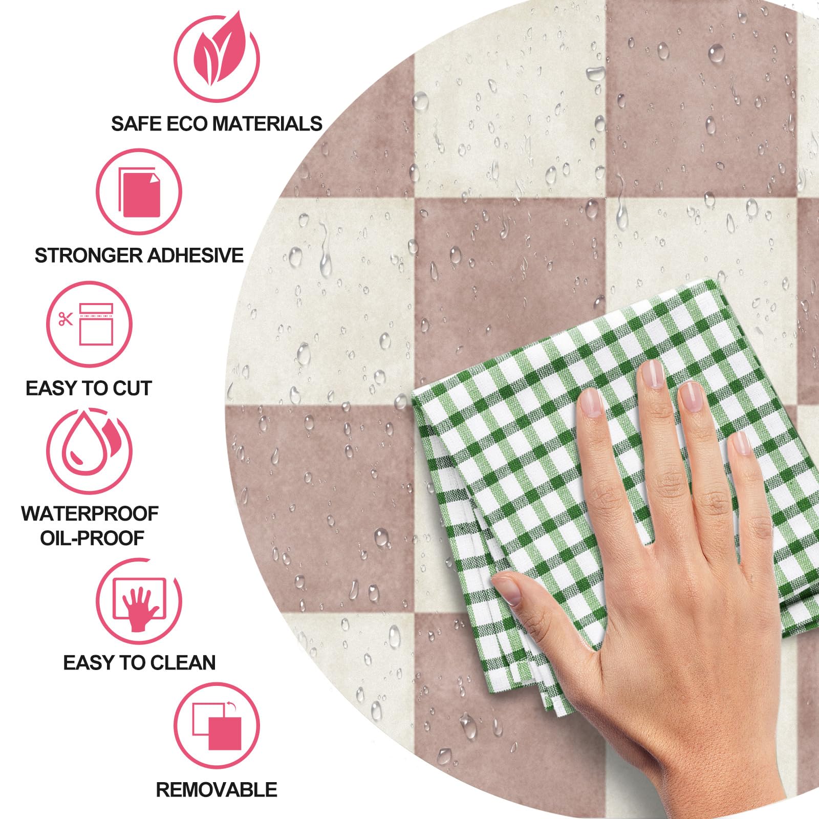 Alwayspon 30 x 30 cm x 10 unidades autoadhesivas para pisos de suelo, pegatinas de vinilo antideslizantes impermeables para decoración de cocina, baño, salón, blanco y rosa a cuadros