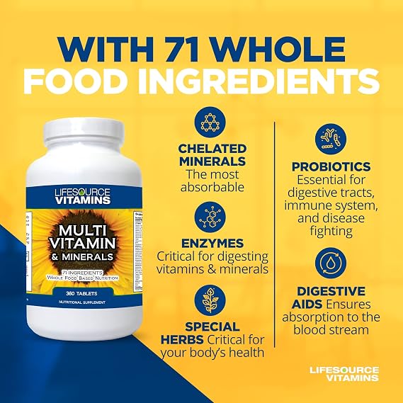 LifeSource Vitamins LifeSourceVitamins Whole Food Multivitamin & Minerals with 71 All Natural Ingredients, Probiotics, Digestive Enzymes, Chelated Minerals and Non-GMO, 360 Tablets