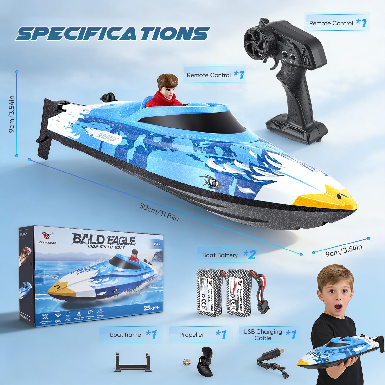 Barca RC telecomandata 25 km/h Telecomando a 2,4 GHz con portata di 120 m Motoscafo impermeabile con LED e funzione di ribaltamento 2 batterie e raffreddamento ad acqua per piscina, lago, blu