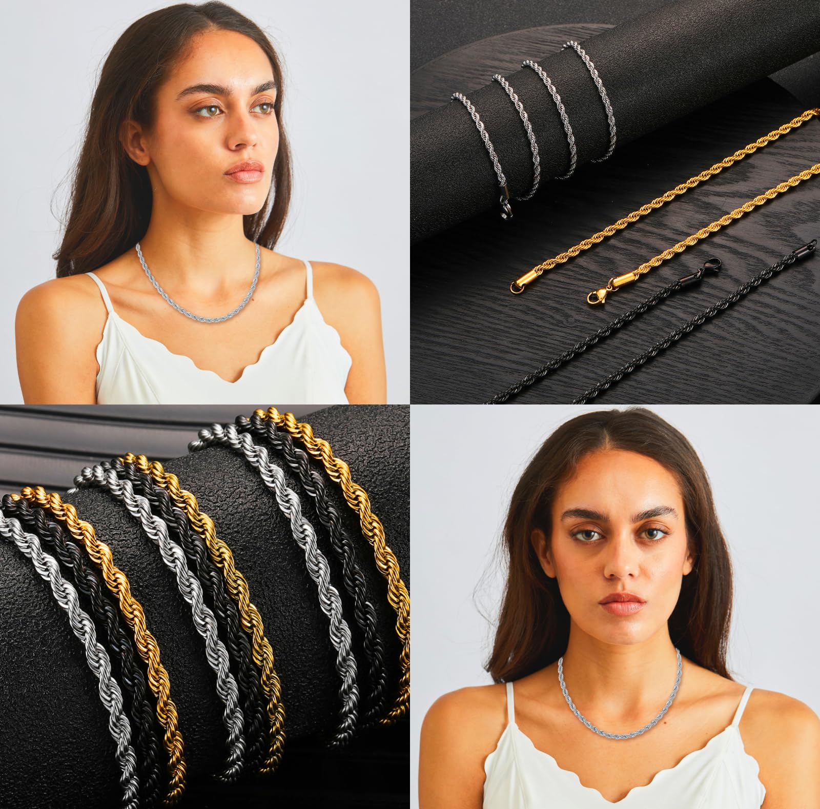 Collana Uomo Argento/Oro/Nero Maglia Catena Twisted 2.5/3/4mm Larghezza Catenina Acciaio Inossidabile Corda Intrecciata Lunghezza 45/50/55/60/70CM