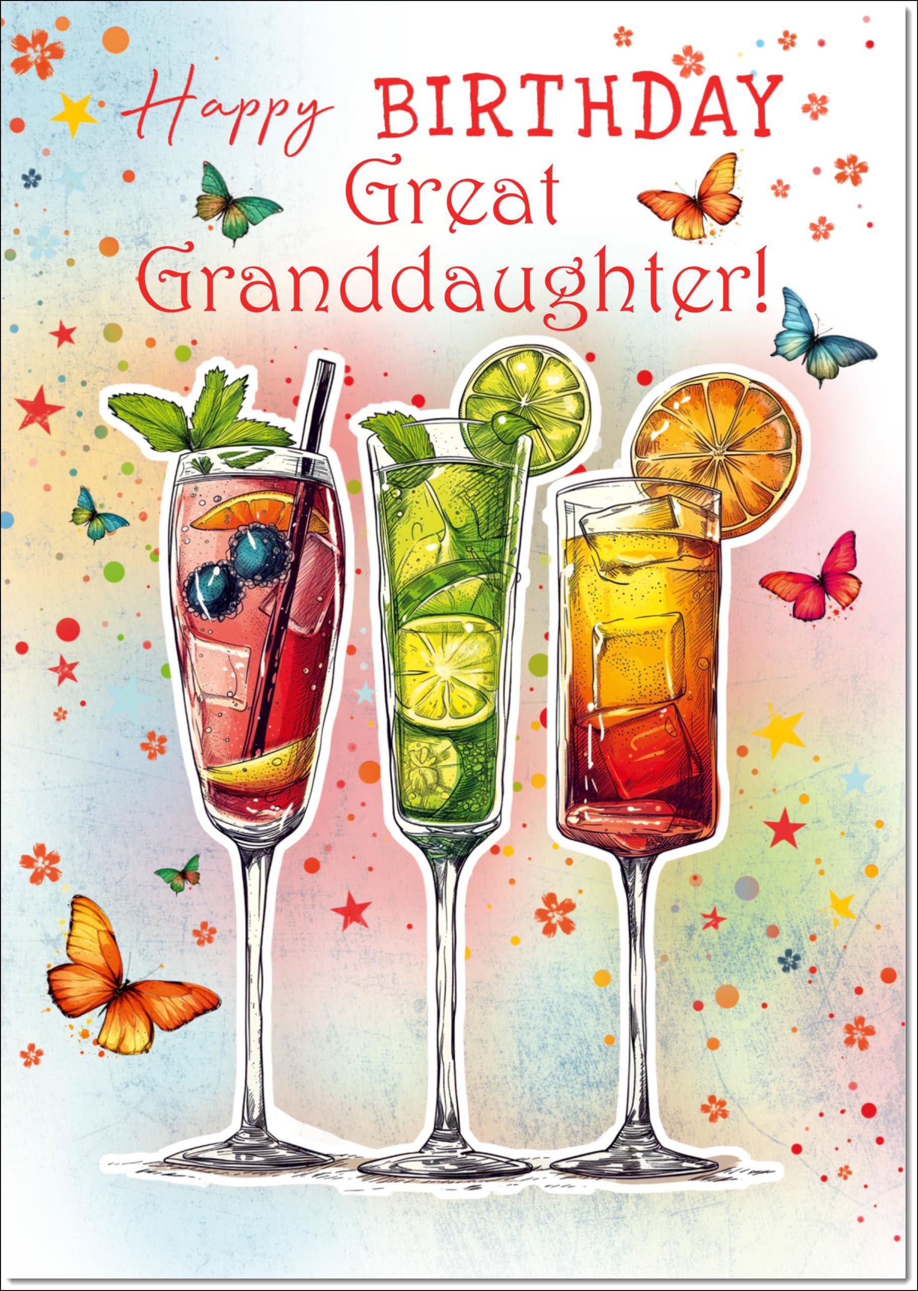 doodlecards Great Granddaughter Birthday Card Cocktails and Butterflies Large A4 Size with Plain Envelope