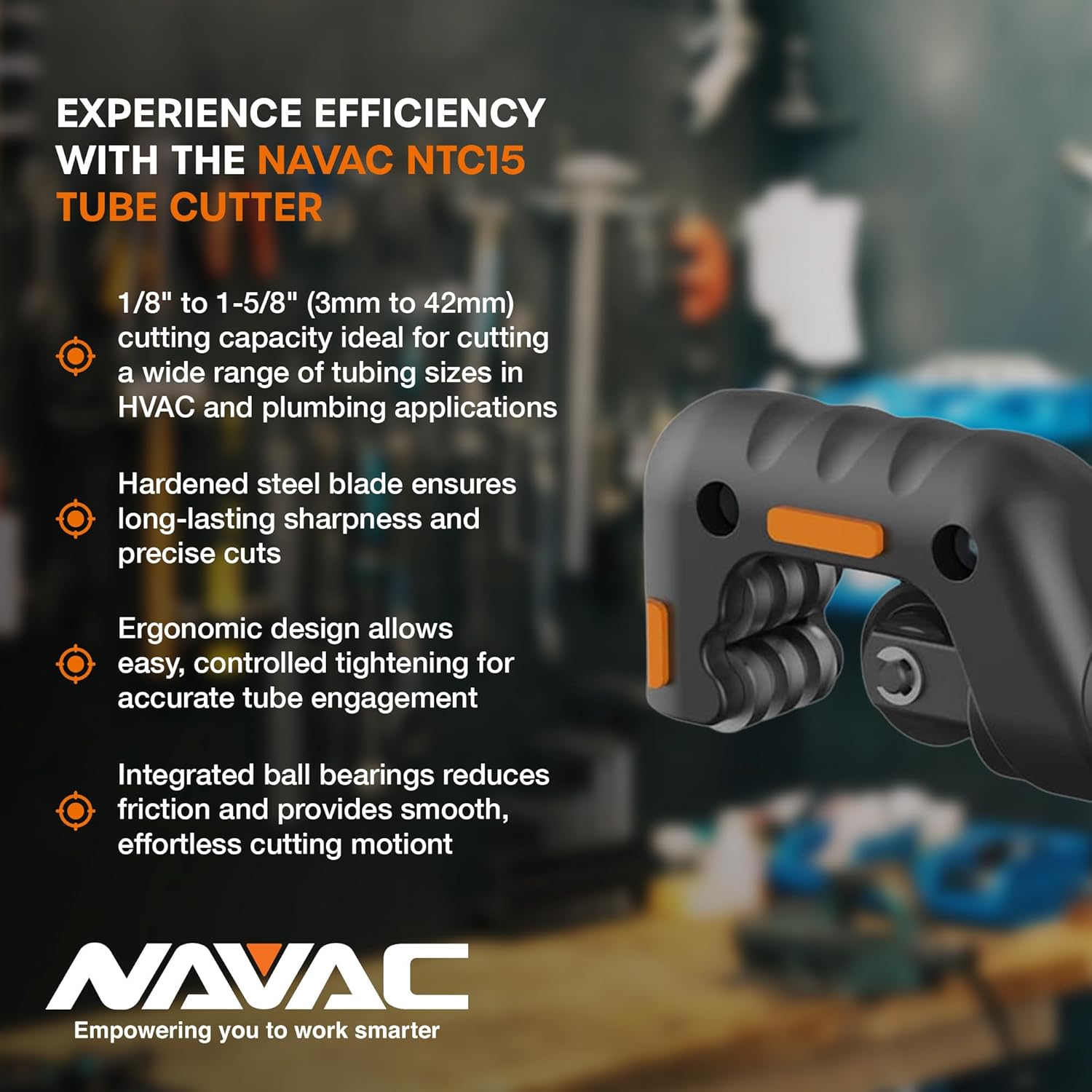 NAVAC NTC15 Tube Cutter | 1/8" to 1-5/8" Outside Diameter | 2 Sharp Cutting Blades | Ball Bearing Feature | Aluminum Alloy Copper Tube Cutter | 1 Year Warranty