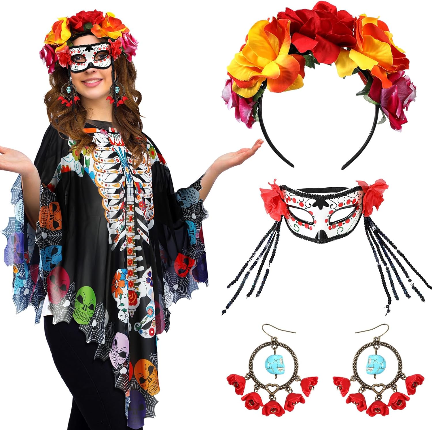 JenPen 4 Pcs Day of the Dead Costume Accessory Kit Skeleton Halloween Costume Chiffon Cape Skull Mask Mexican Flower Crown Earrings for Halloween Party Women