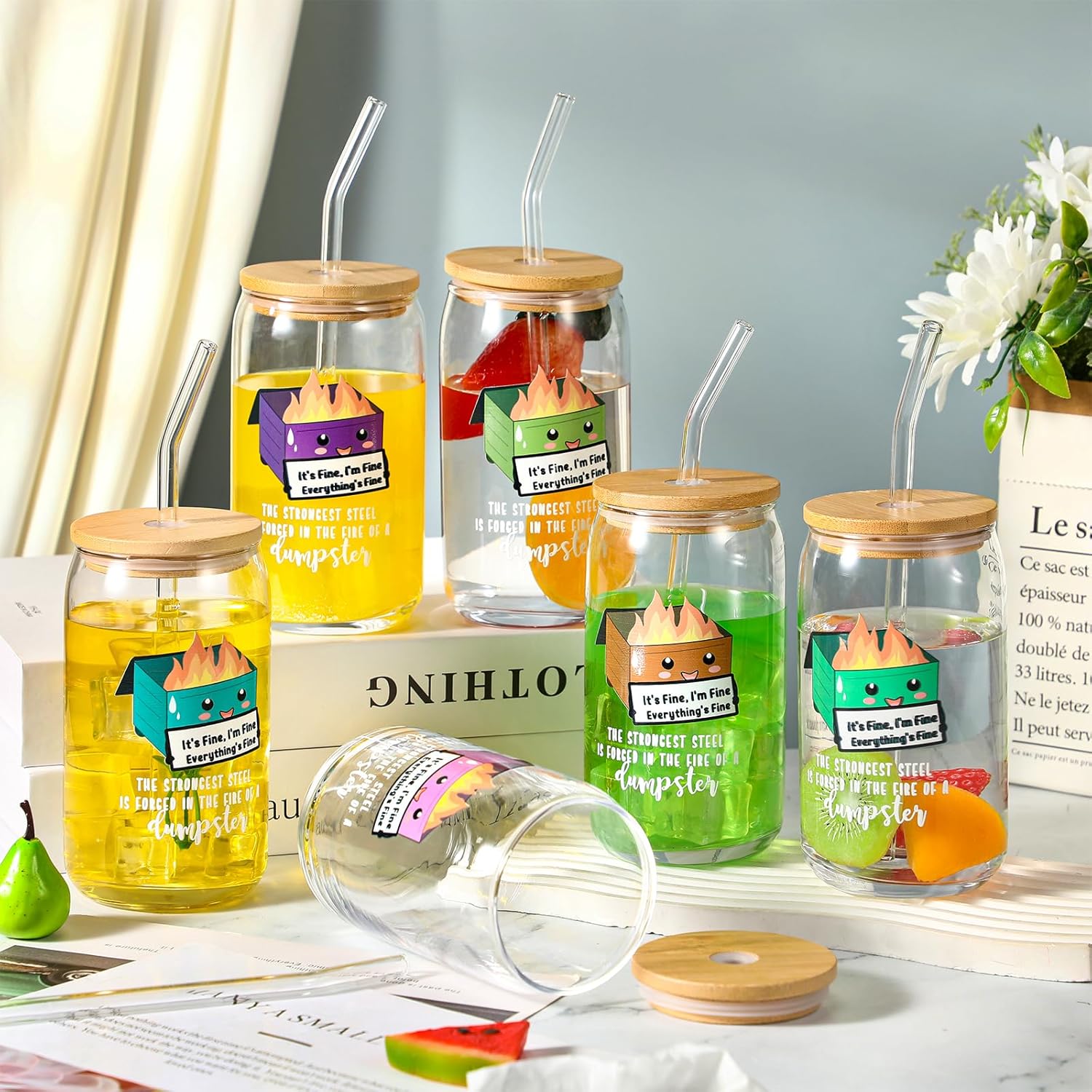 Uiifan 6 Pcs Employee Appreciation Gift Thank You Gifts for Women Men 16oz Glass Cups with Bamboo Lids Straws Bulk Positive Coffee Cup for Coworker Teacher(Dumpster Fire) - Image 6