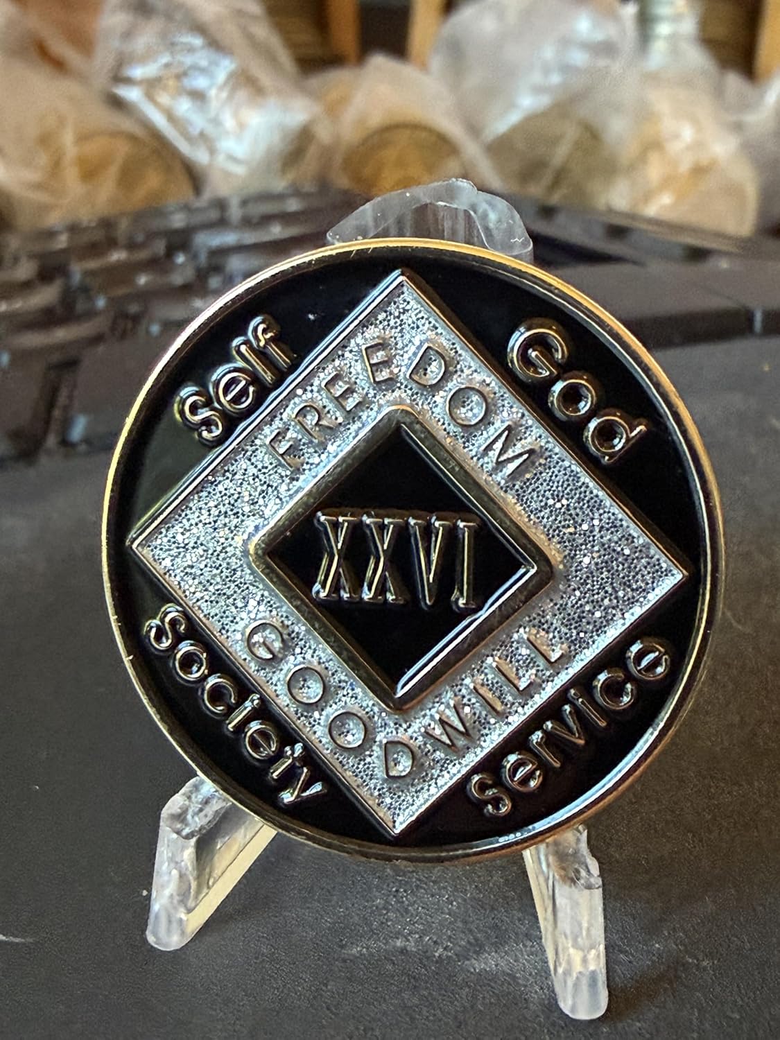 26 Year NA Clean Time Chip Black Silver Glitter Official Narcotics Anonymous Tri-Plate Medallion