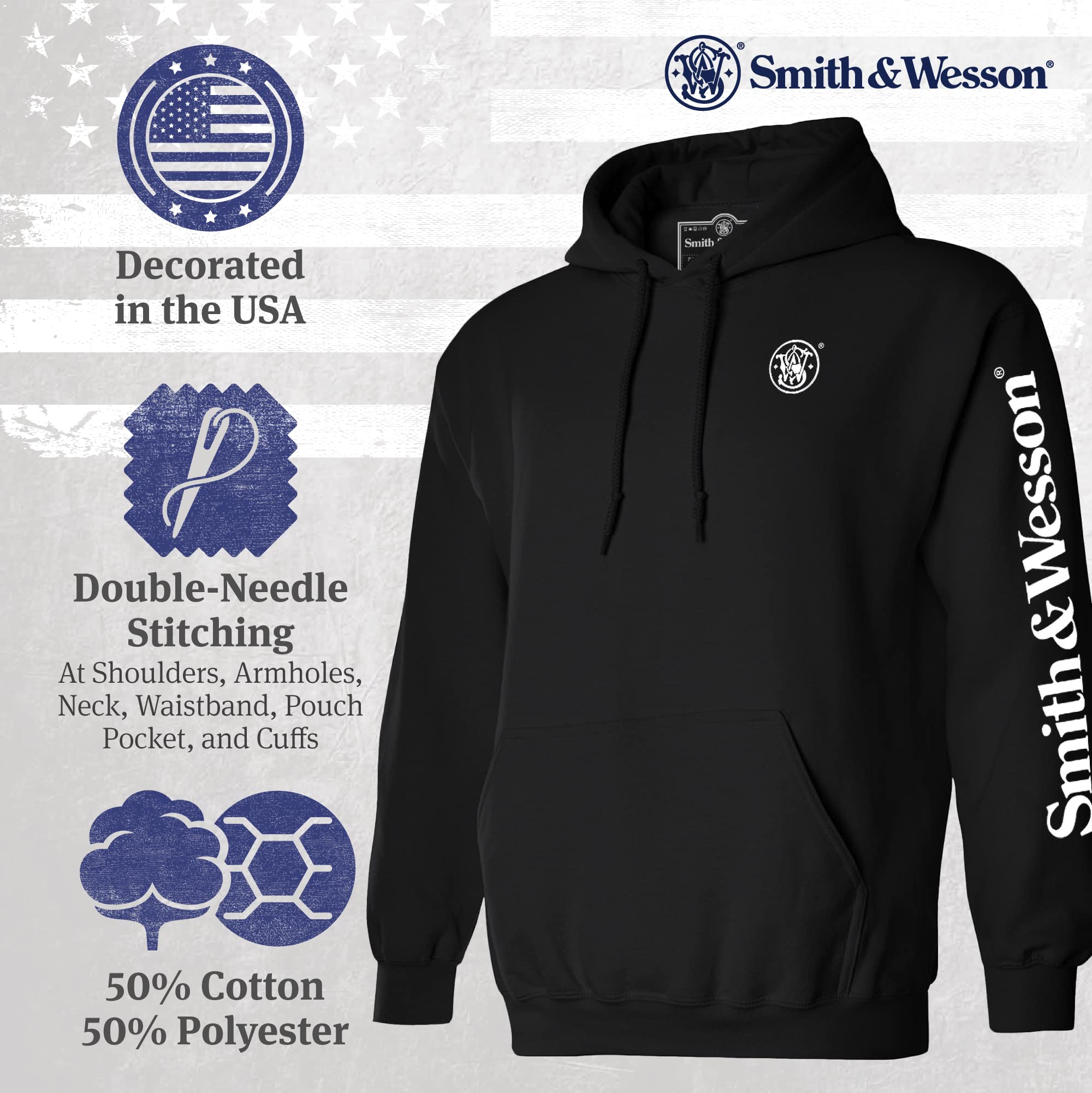 Smith & Wesson Officially Licensed Men's Hooded Sweatshirt, Long Sleeve Pullover Graphic Hoodie with Arm and Chest Logo (US, Alpha, Large, Regular, Regular, Black)