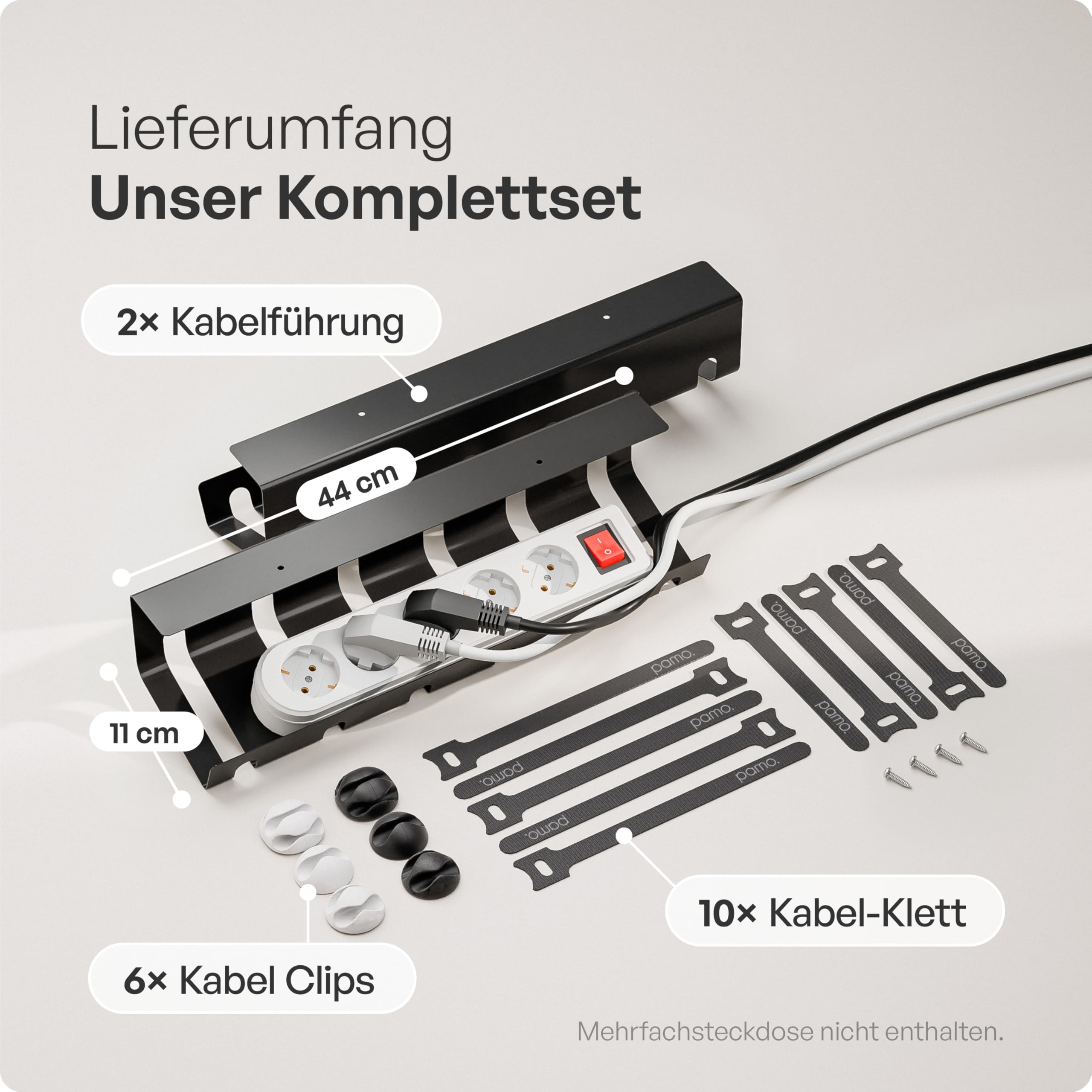 PAMO Kabelkanal Schreibtisch schwarz 2er Set - inkl. 10x Klett Kabelbinder und Kabel-Clips - einfache Installation inkl. Schrauben - Schreibtisch Organizer für Büro und Home Office