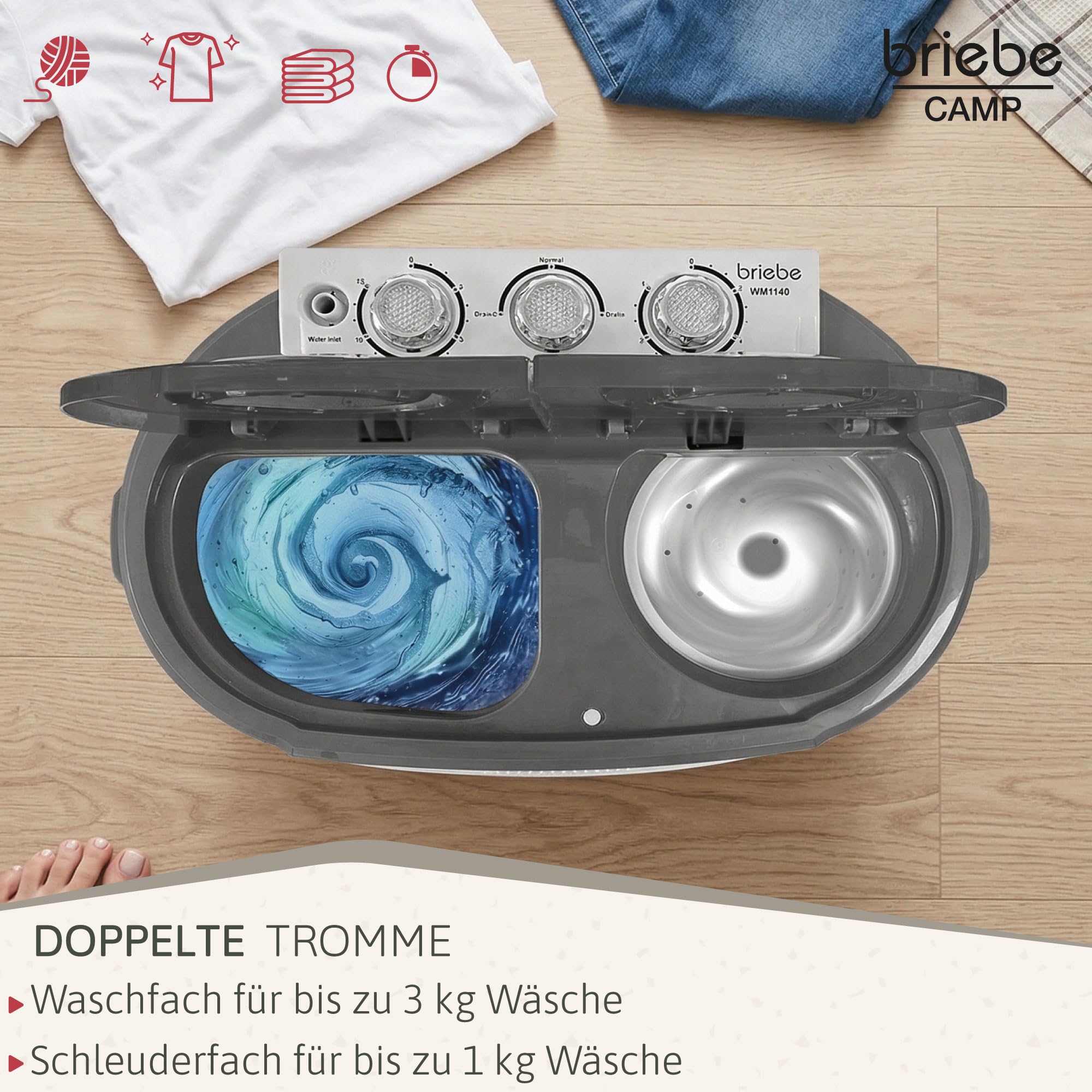 briebe Camp Mini-Waschmaschine, Tragbar, mit Schleuder, Camping, Kapazität 3 kg, Ideal für Reisen, Wohnwagen, Wohnmobile, Kleine mit 2 Fächern, Geringer Wasser- und Energieverbrauch, Grau/Weiß