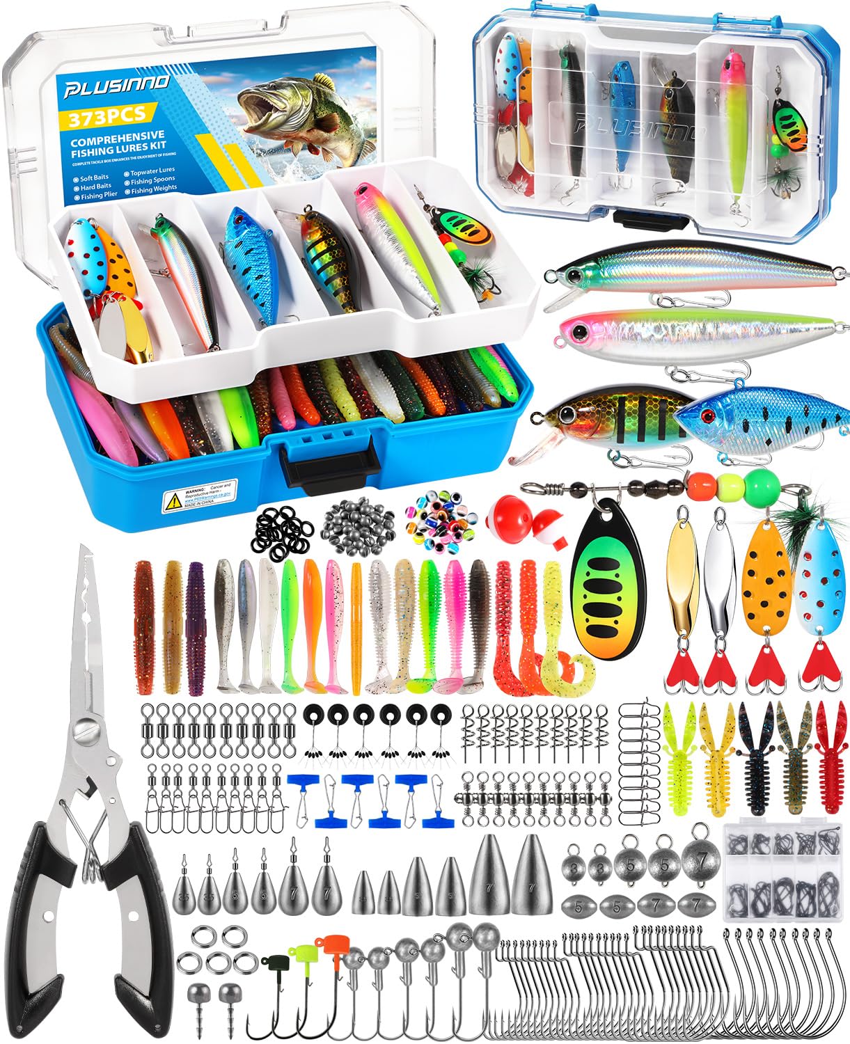 PLUSINNO Fishing Tackle Box with Tackle Included, 373PCS Fishing Lures Kit with Removable Tray, Fishing Gear with Pliers, Weights, Hooks, Accessories, Fishing Tackle Lure Kit Gifts for Men Bass Trout