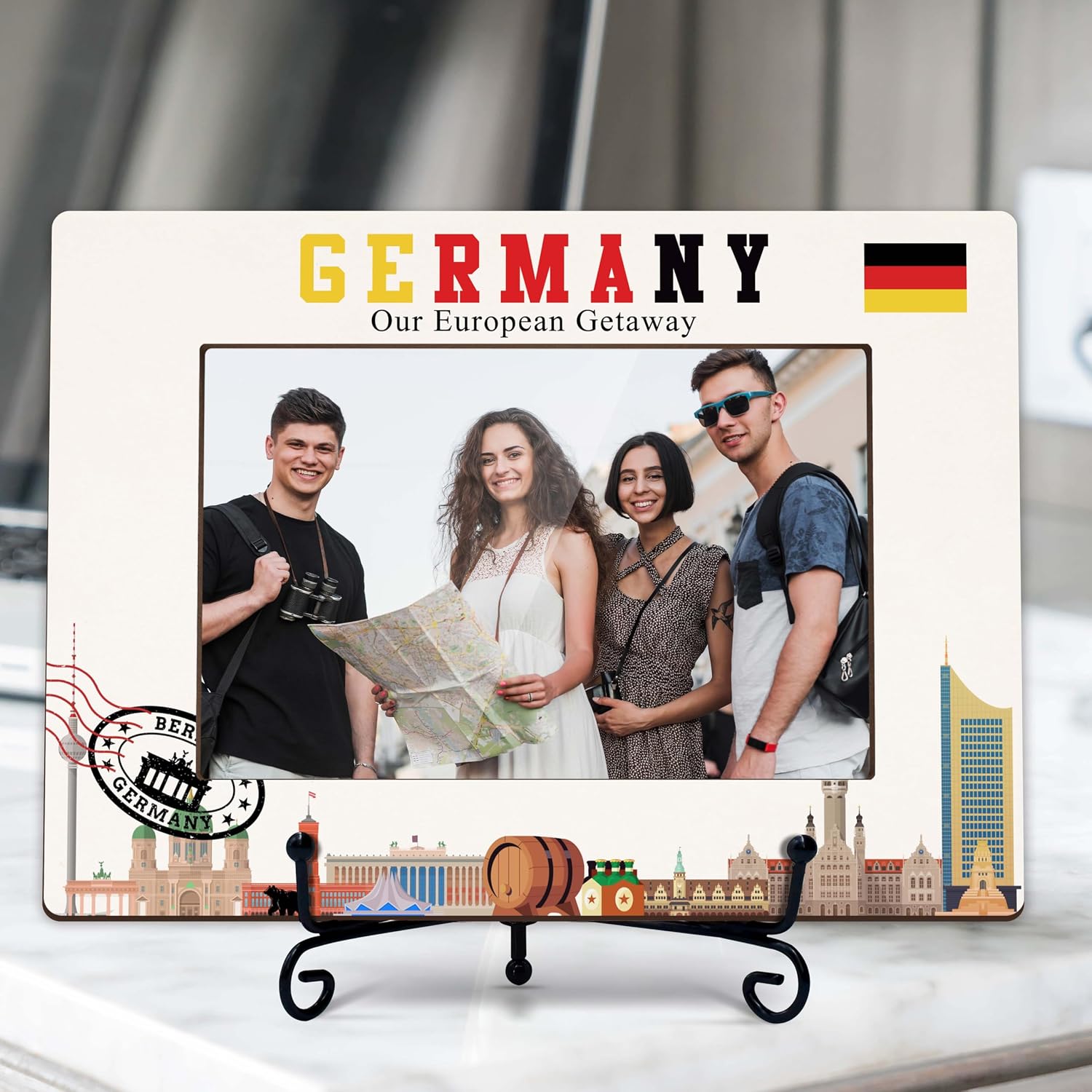 Germany Travel Picture Frame, Germany Themed Wedding Honeymoon Souvenirs Gifts Photo Frames with Iron Stand for Home Office Indoor Table Shelf Display - F15