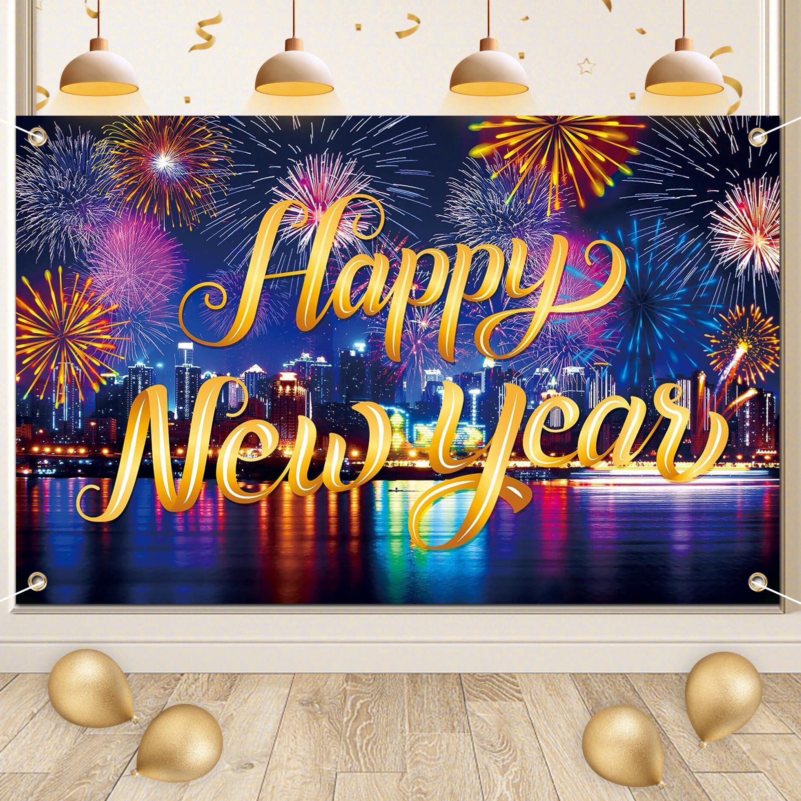 Happy New Year Banner 2024 New Years Eve Decorations Happy New Year Backdrop Wall Fabric Background Fireworks for New Year Indoor and Outdoor Decoration