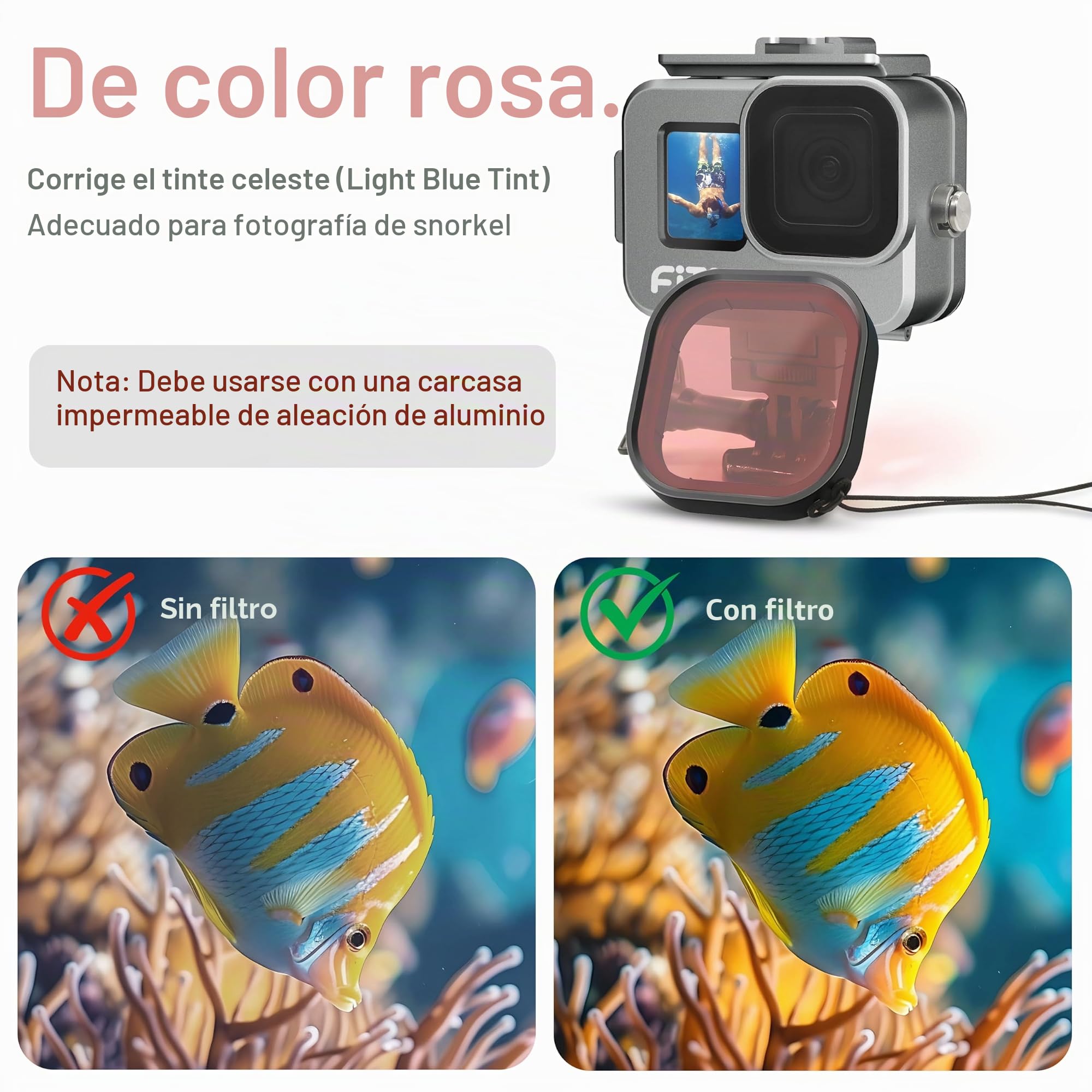 FitStill - Carcasa Impermeable para Go Pro Hero 13/12/11/10/9, aleación de Aluminio (80 m, Incluye 2 Soportes de Zuecos y Snorkel, filtros Magenta