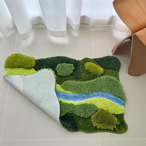 Miniatura 5 de Alfombra de musgo 3D capitoné de 33 x 22 pulgadas, alfombra de baño de hierba verde y azul musgoso, alfombra de baño para decoración del hogar, sala