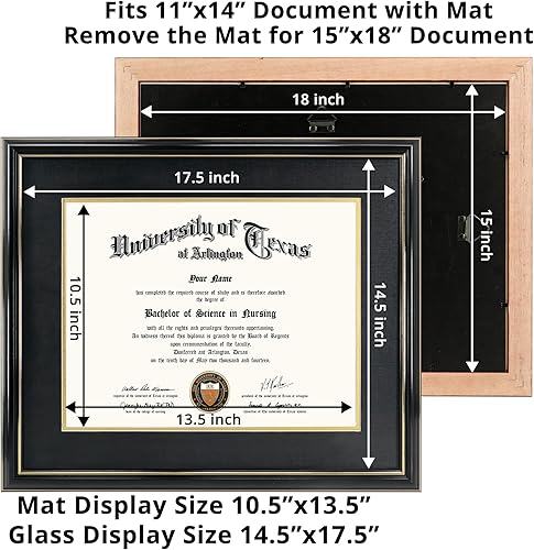 Miniatura 10 de GraduationMall Marco de diploma de 11 x 14 pulgadas con paspartú negro sobre dorado o certificado de 15 x 18 pulgadas sin paspartú, madera maciza y