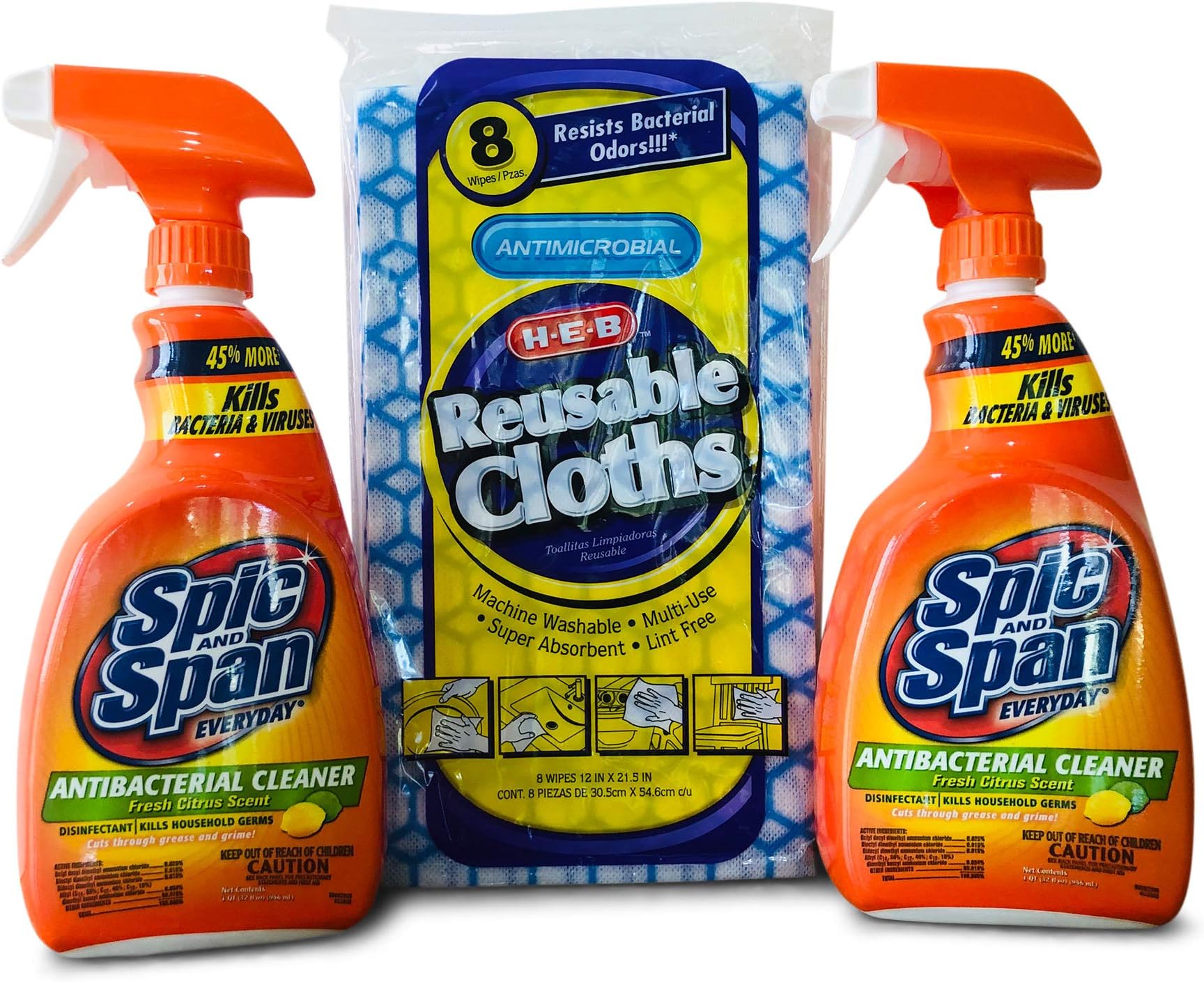 HEB and Span Everyday Antibacterial Fresh Citrus Cleaner Bundle: 2 and Span Everyday Antibacterial Spray bottles (32 oz each) + 8 Reusable Cloths