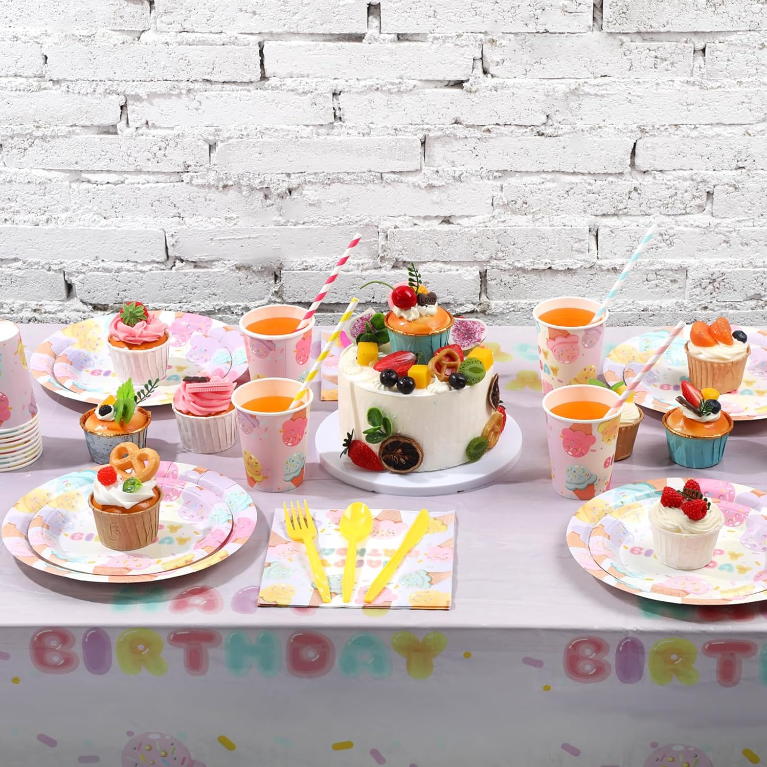 194 Pcs Ice Cream Birthday Party Decorations Supplies 24 Guest Disposable Dinnerware with Ice Cream Tablecloth Paper Plates Cup Napkin Plastic Fork Knives Spoon for Grow up Party Shower
