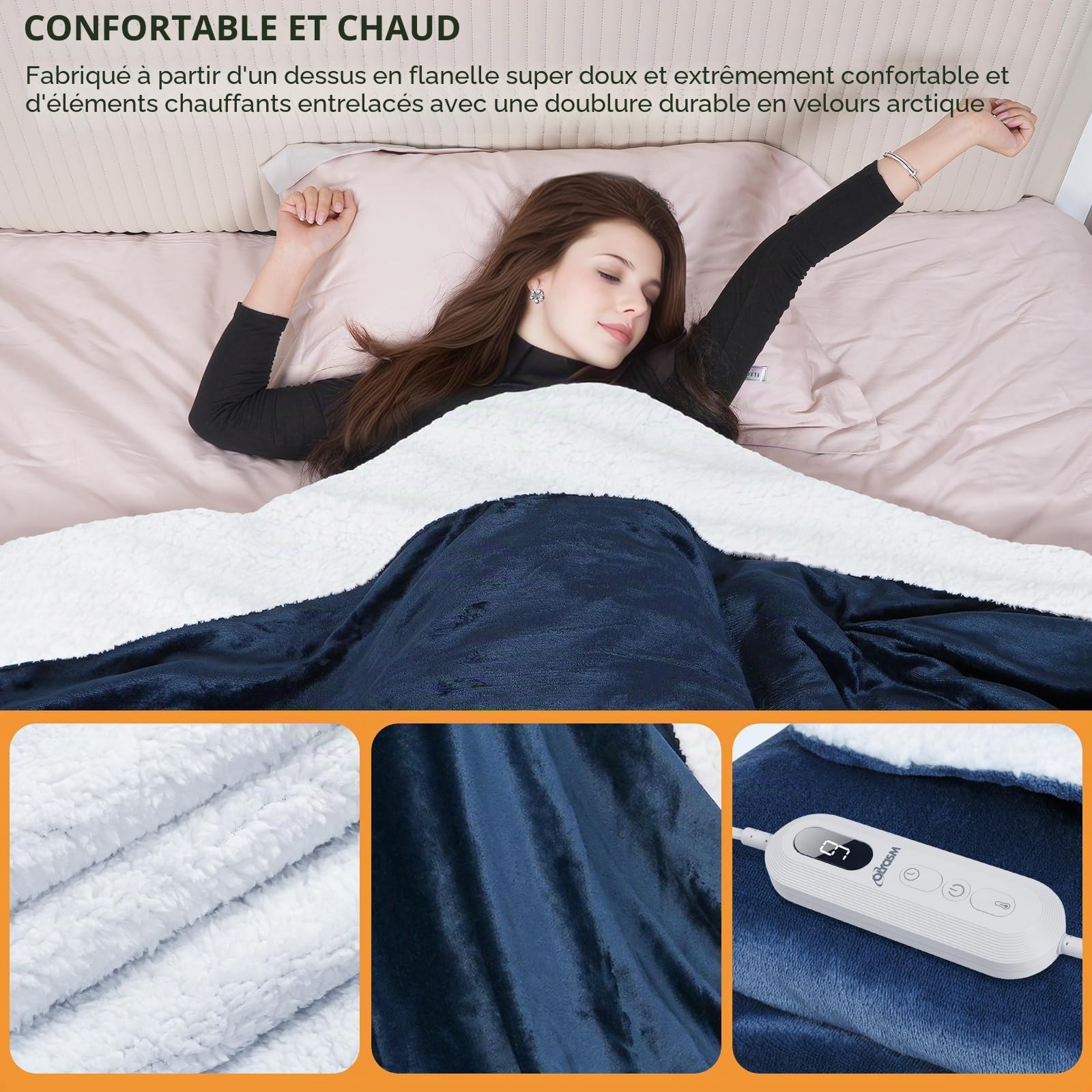 Couverture Chauffante 180x130cm avec Arrêt Automatique 9 Niveaux de Chauffage & 10 Minuteurs Protection Surchauffe Lavable pour Maison & Bureau Bleu Marine