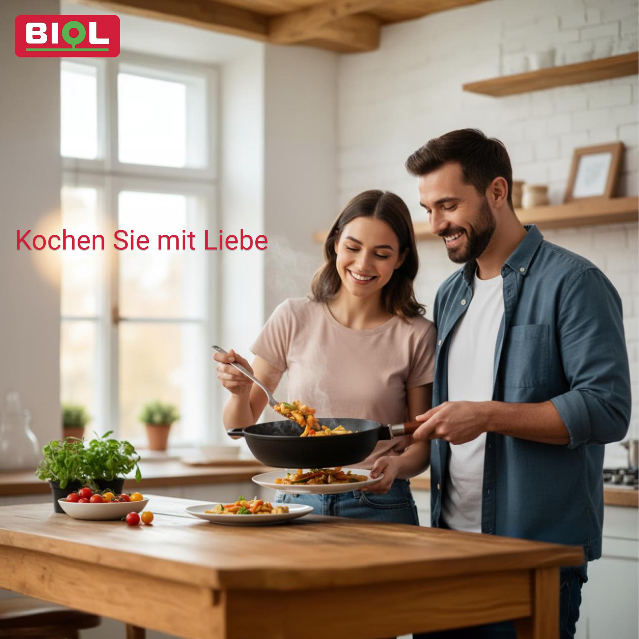 BIOL Sarten Hierro Fundido 28 cm - Sartén Antiadherente para Cocina Inducción, Mango de Madera Desmontable Ergonómico, sin Tapa, Apta para Gas, Vitrocerámica, Horno y Barbacoa, Cocina Saludable | Mango de madera desmontable, sin revestimiento, apto para h