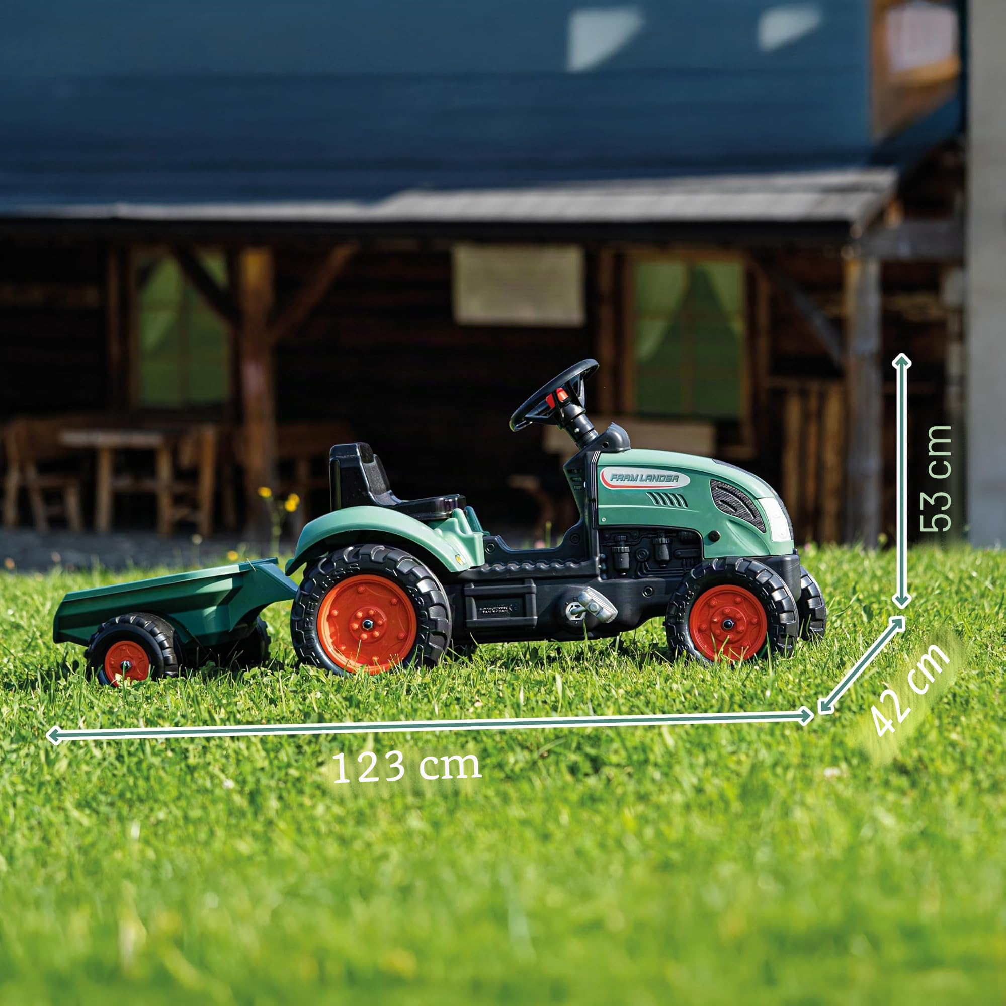 Falk Farm Lander Tractor de Pedales con Remolque, a Partir de 2 años, 50% de plástico Reciclado – Fabricado en Francia – Volante con bocina – 2054L, Verde Oscuro