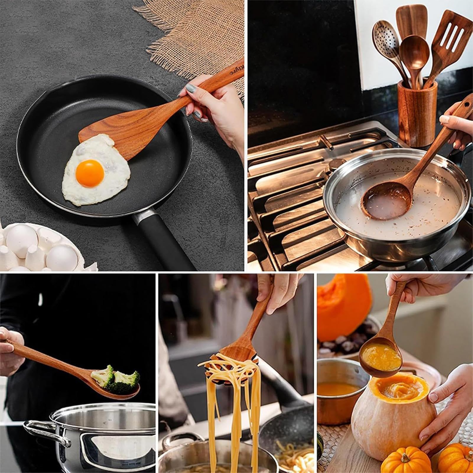 Küchenutensilien-Set, 8-teilig, hitzebeständig, Holz-Kochutensilien-Set – für drinnen und draußen, Versammlungen, Reisen, Party, Lebensmittelzubereitung