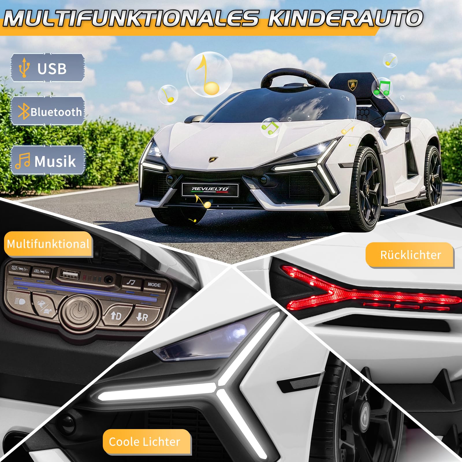 LALAHO Kinder Elektroauto 12V Kinderauto mit 2,4 GHz Fernbedienung | Kinderfahrzeug mit Hupe, LED, Musik, Sanftstart, Elektrofahrzeug mit Hilfsrad, für 3-5 Jahre Kinder