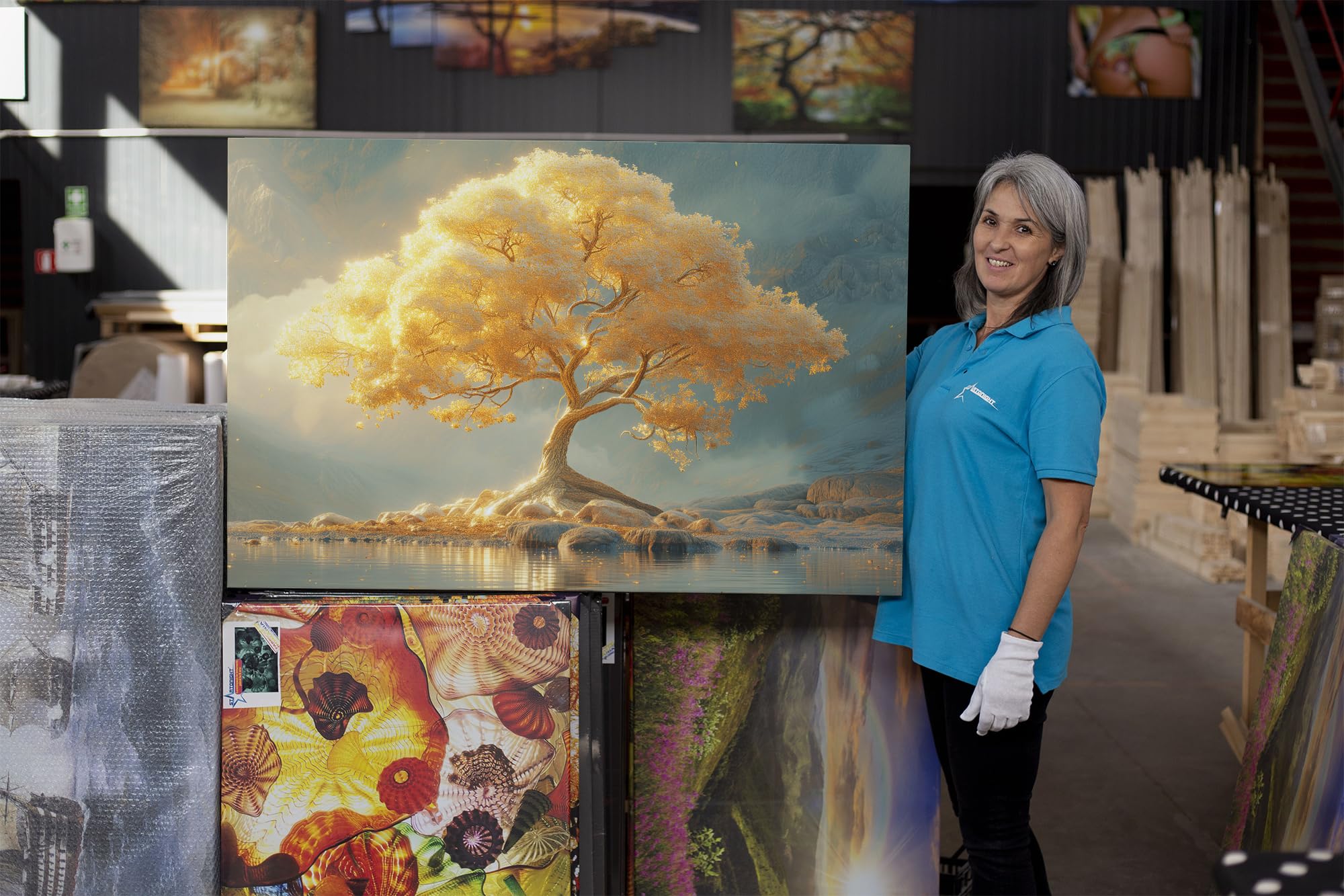 Startonight Tableau Abstrait Impression sur Toile Lumineux - Arbre de Vie Jaune Clair - Décoration Murale Moderne pour Salon - Grande Image sur Toile 80x120 cm - Idée Cadeau Élégante et Originale