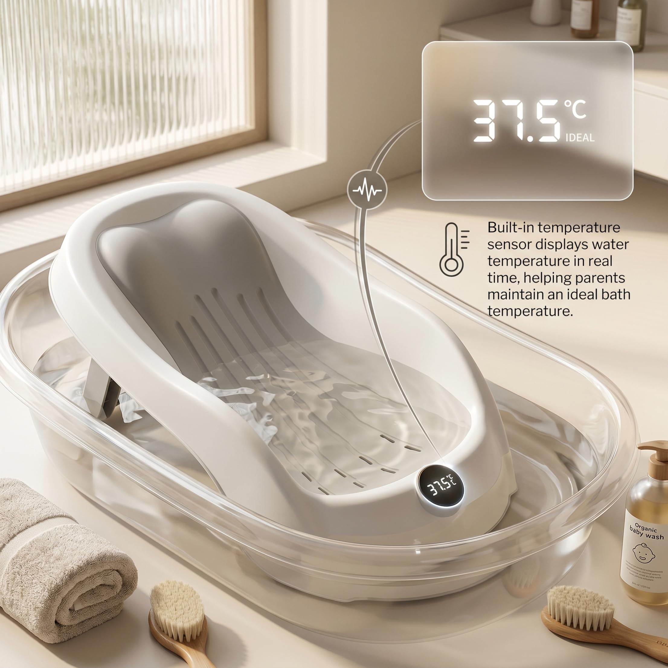 Supporto per bagnetto, vaschetta per il bagnetto con display digitale della temperatura e drenaggio, seggiolino pieghevole per vasca da bagno antiscivolo per neonati (grigio) #1