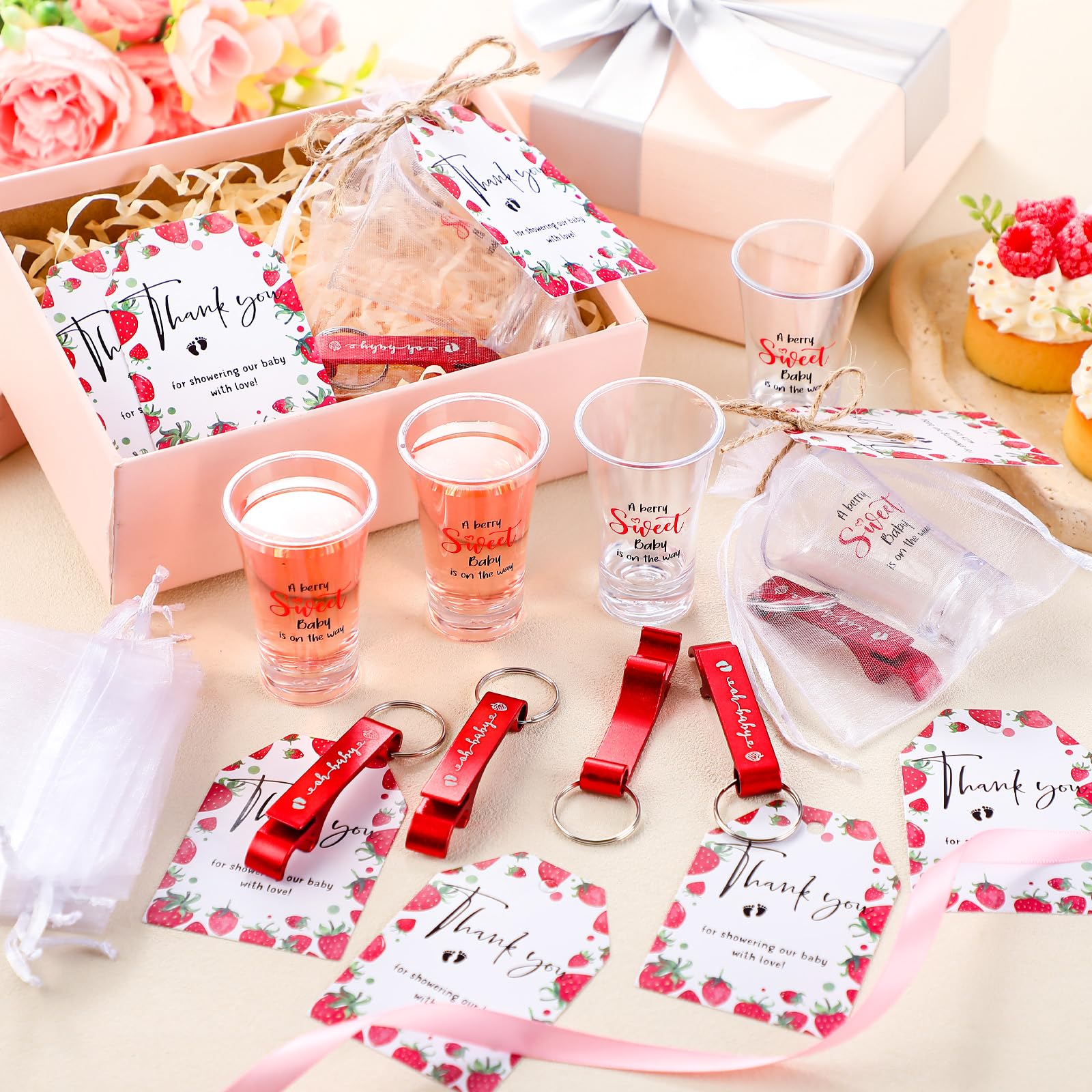 50 juegos de vasos de chupito acrílicos para baby shower con abrebotellas, llaveros, etiquetas de agradecimiento y bolsas, regalos de fiesta de revelación de género para invitados, baby