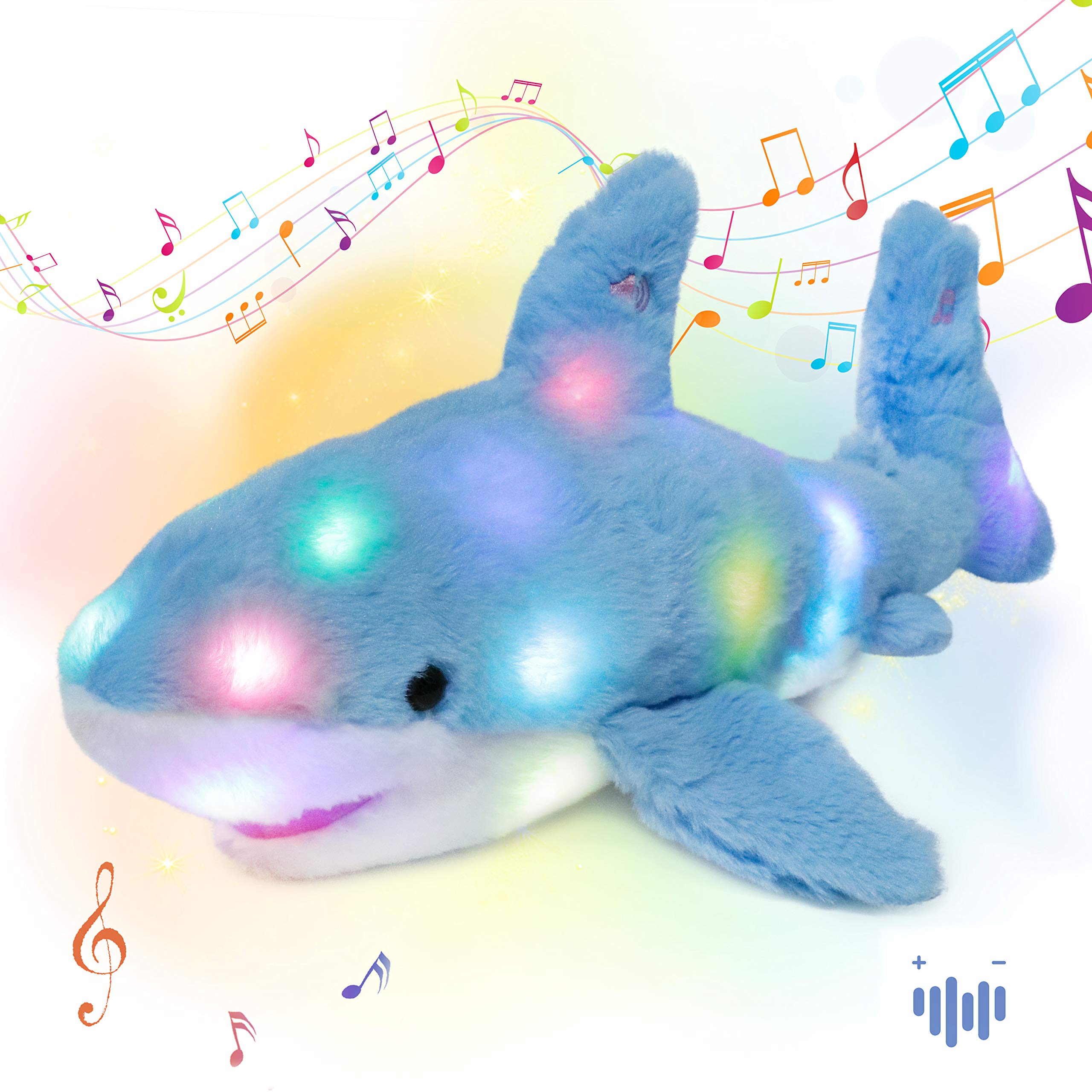 LED Musical Stuffed Shark Lighting Up Singing Plush Toy Adjustable Volume Lullaby Animated Soothe Birthday Festival for Kids Toddler Girls, Blue, 16''