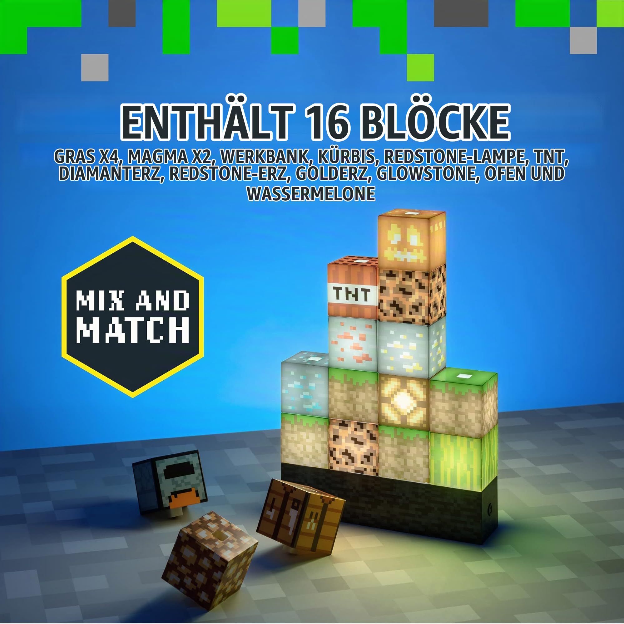 Paladone Minecraft Block Building Light - 16 umlagerbare Lichtblöcke und Grundgesteinsbasis, bauen Sie Ihr eigenes Level