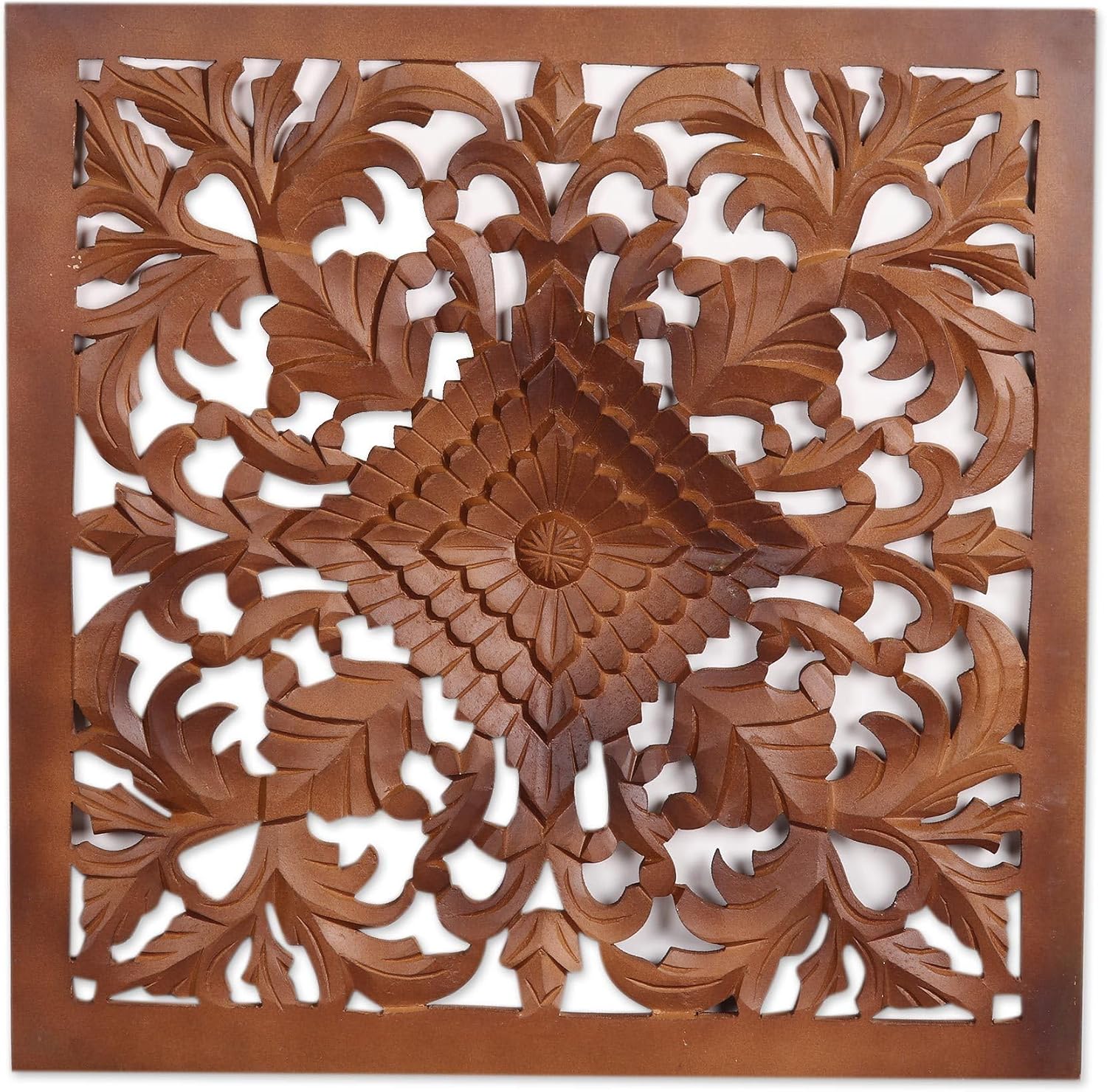 NOVICA Artisan Handmade Mango Wood Relief Panel in Brown from India Wall Decor 'Floral Square'