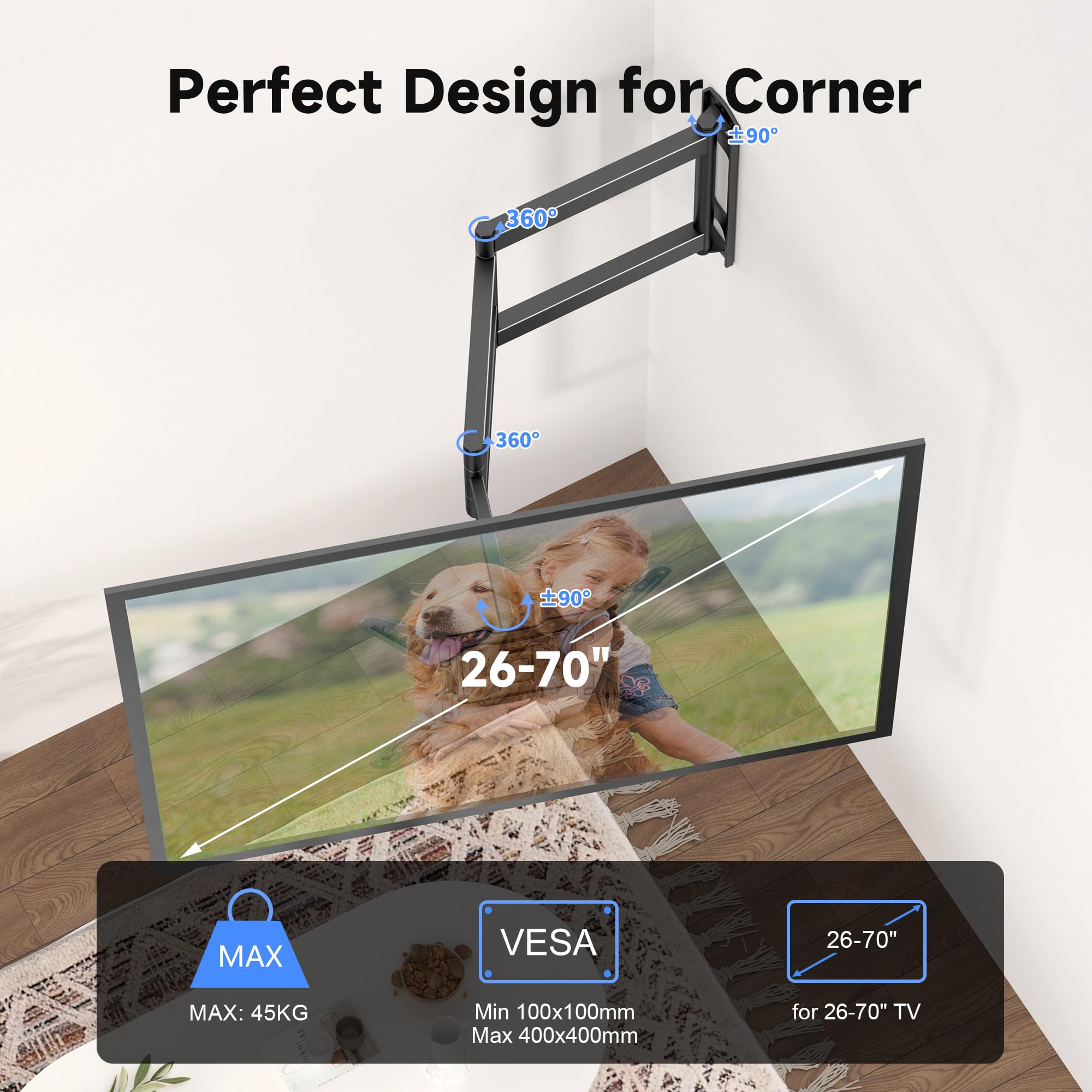XINLEI Soporte TV Pared Extensible hasta 1021 mm, Brazo Articulado para TVs Planas y Curvas de 26-70 Pulgadas, Inclinación +3°/-12°, Giro ±90°, VESA 400x400 mm, Carga 45 kg – MAP3L